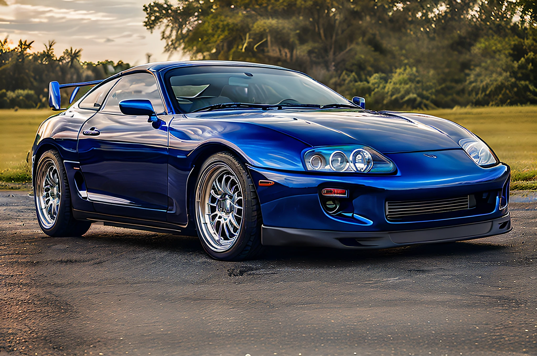 Allafard Blue Roadster parked on paved roads in the park, Tesla, Wide Body, Epic Stance, JDM, Front, Front Profile Shot, Low Profile, Contour Lens, Blue Tinting, Front Shot, Epic Low Shot, Blue Tone, Perfect Calm, Low Viewing Angle, Slightly Minimized, 4k Serenity, Long Front End, Medium Shot Portrait