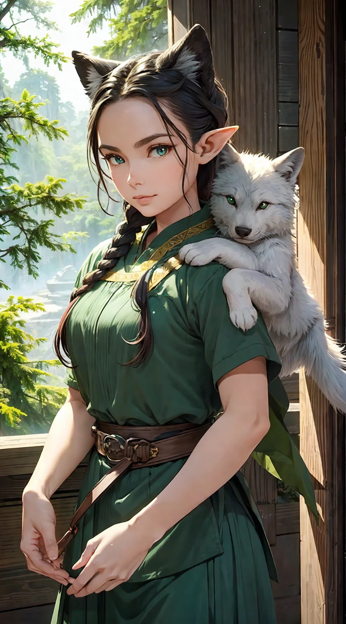 (masterpiece, best quality), beautiful beautiful elf ranger with a huge dire wolf companion patrolling the mystical mountain forest, detailed ranger armor, braided hair, perfect face, beautiful face, big gorgeous eyes, perfect slim fit body, serious, afternoon, bright colors