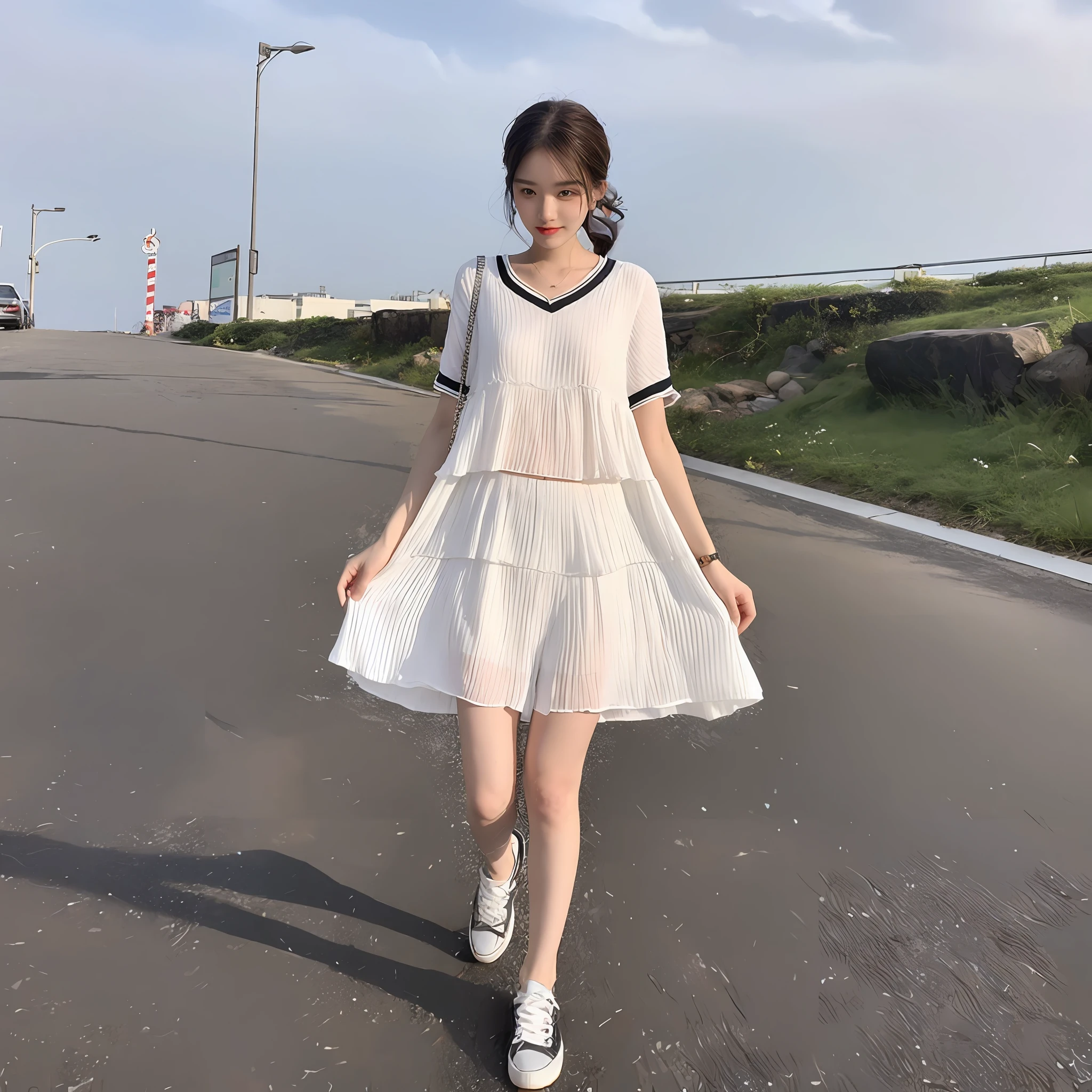 ((Best Quality, 8K, Masterpiece: 1.3)), (Flower Cap: 1.3), Focus: 1.2, Perfect Body Beauty: 1.4, Buttocks: 1.2, (Layered Haircut: 1.2)), (Dark Street: 1.3), Highly Detailed Face and Skin Texture, Full Body, Delicate Eyes, Double Eyelids, Whitened Skin, Long Hair, (Round Face: 1.5), (Loose Crop Top, Shorts: 1.6)