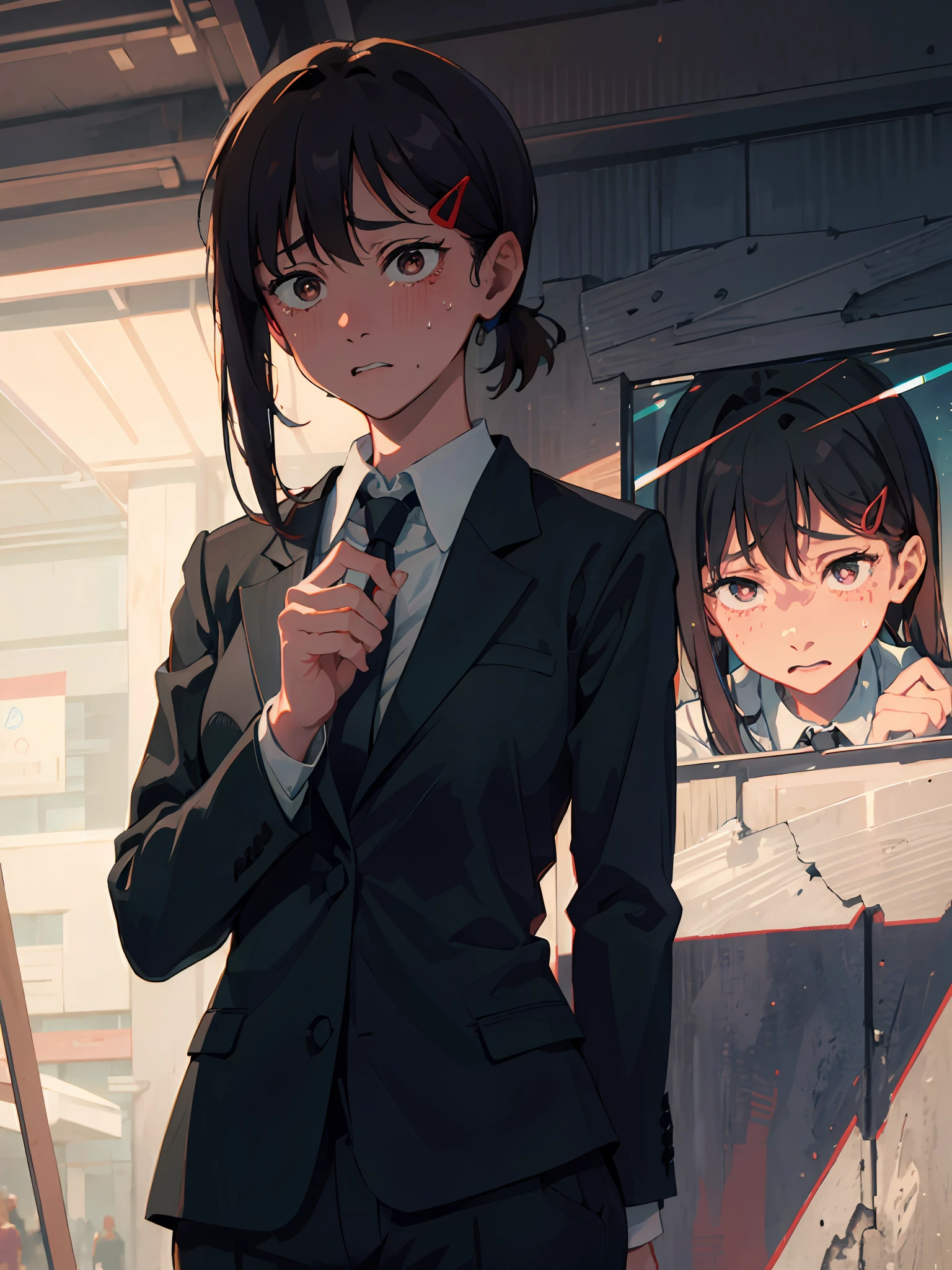 detailed, 8k, detailed shadow, looking at the audience, 1girl, solo, (sfw), (masterpiece:1.2), best quality, masterpiece, highres, original, extremely detailed wallpaper, (ultra-detailed), (best illustration), (best shadow), (realism), small breasts, perky breasts, commercial suit, knife in hand, crazy look, crazy eyes, sick, sweaty, crying, blushing, blazer, black tie, white collar shirt, (brown eyes), facing forward