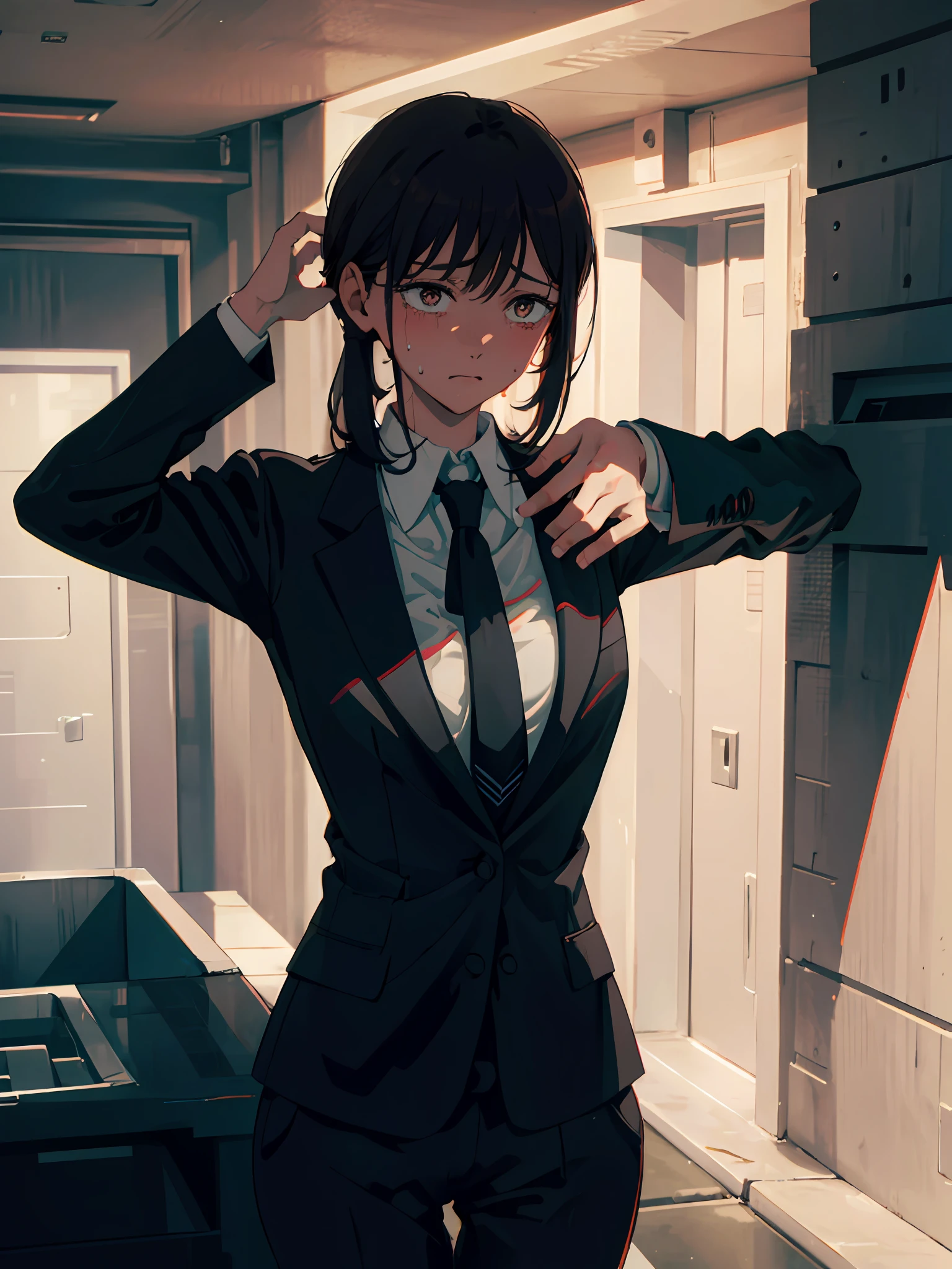 detailed, 8k, detailed shadow, looking at the audience, 1girl, solo, (sfw), (masterpiece:1.2), best quality, masterpiece, highres, original, extremely detailed wallpaper, (ultra-detailed), (best illustration), (best shadow), (realism), small breasts, perky breasts, commercial suit, knife in hand, crazy look, crazy eyes, sick, sweaty, crying, blushing, blazer, black tie, white collar shirt, (brown eyes), facing forward