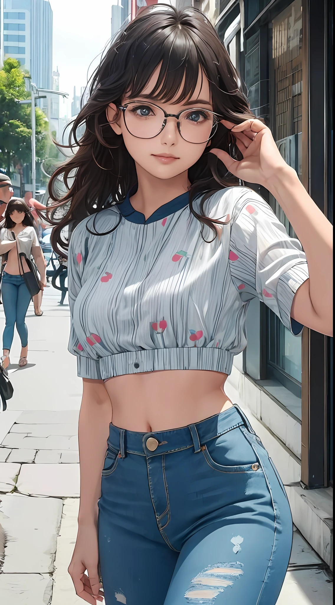 (masterpiece, best quality), beautiful woman, wavy hair, assymetrical bangs, printed cropped top, jeans, glasses, perfect face, beautiful face, alluring, big gorgeous eyes, soft smile, perfect slim fit body, city streets, (outdoor), kuala lumpur, bright colors