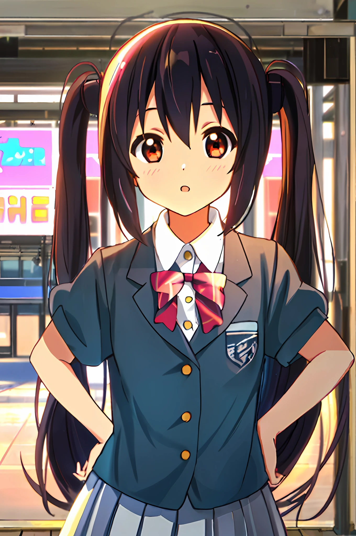 1girl, ((((Masterpiece))), Best Quality, Best Quality, High Detail, Azusa Nakano, 1girl, Sakuragaoka High School Uniform, Musical Instrument, School Uniform, Twin Tails, Long Hair, Black Hair, Brown Eyes, Solo, Red, Dark blue blazer with a thin ribbon of red, Solid white button shirt under blazer, Illustration, Cartoon, Soothing tones, Muted colors, Soft cinematic light, Adobe Lightroom, Photo Lab, HDR, complex and highly detailed, (((depth of field))))). (((Masterpiece))). (((highest quality))).) ((super detail))). (((Illustration))).Put your hands on your hips.Stretch your chest.