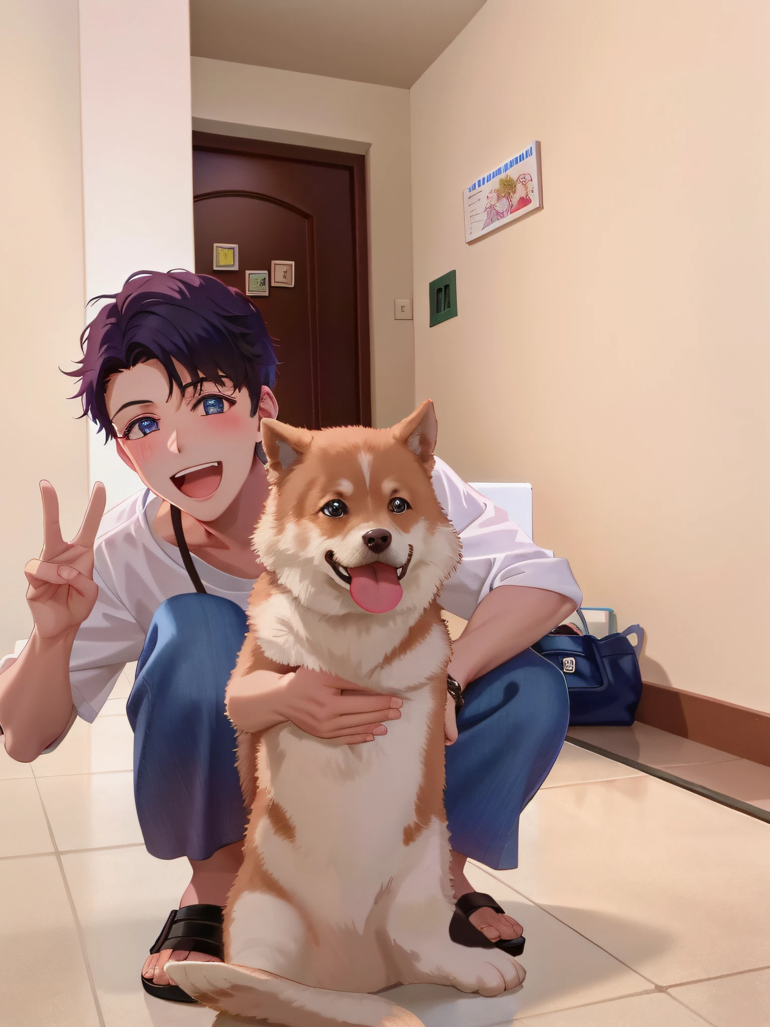 Masterpiece, high-quality pictures, HD, a boy holding a cute puppy, happy, puppy fluffy,