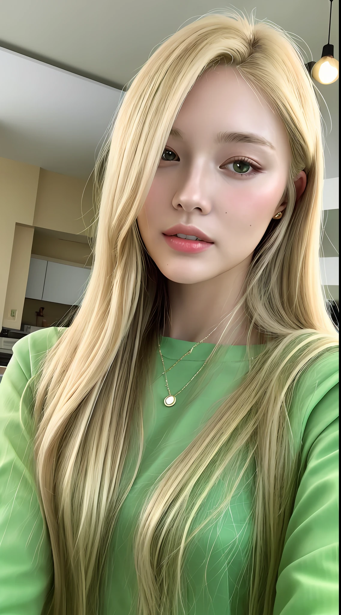 Beautiful woman in her 20s, long blonde hair, light makeup, green clothes, selfie, fron in the house, clear facial features of Canon EOS, realistic photo with 8K high resolution, crisp and realistic details.