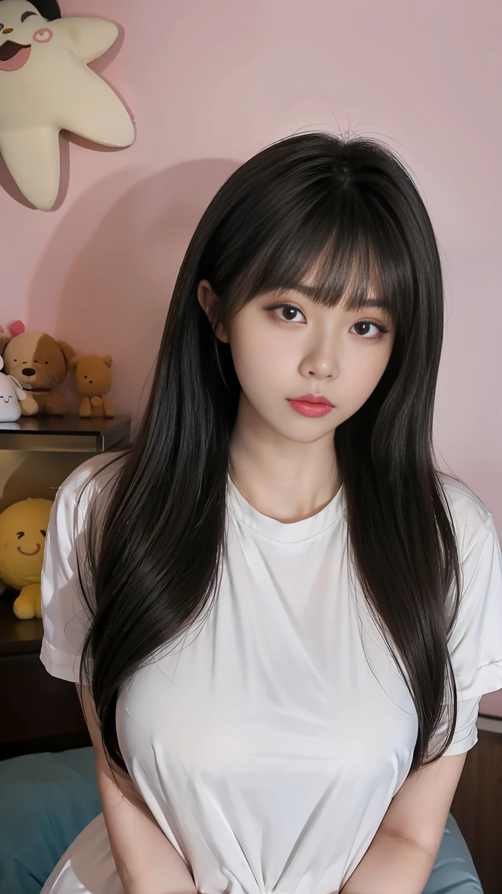 A Chinese woman on the background wall, fluffy hair, delicate face, bright, real girl, large aperture, wearing a mid-length T-shirt dress, tight letter T-shirt, macro shooting, plump, slightly fat, very plump, sexy, looking at you, good-looking eyes,