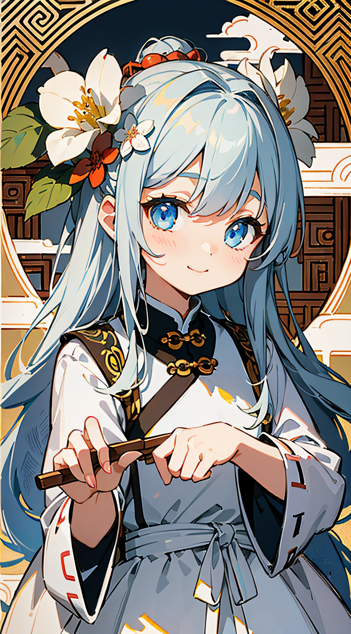 Masterpiece, super-high-resolution, cute girl, half-body, Chinese antique style, gray long hair, white antique style skirt, flower embellishment, blue eyes, hairpin, cute little li, cute cute cute, thick paint, gentle smile, holding a fan