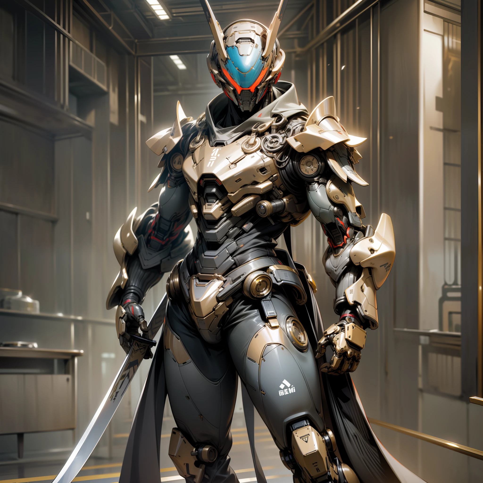 High Quality, Ultra High Resolution, Ultra Realistic, Super Detailed, Robot, Humanoid, Slim, Black, Full Face, Full Body, Man, Metallic, Metallic, Luxury, Metallic, One Japan Sword, One