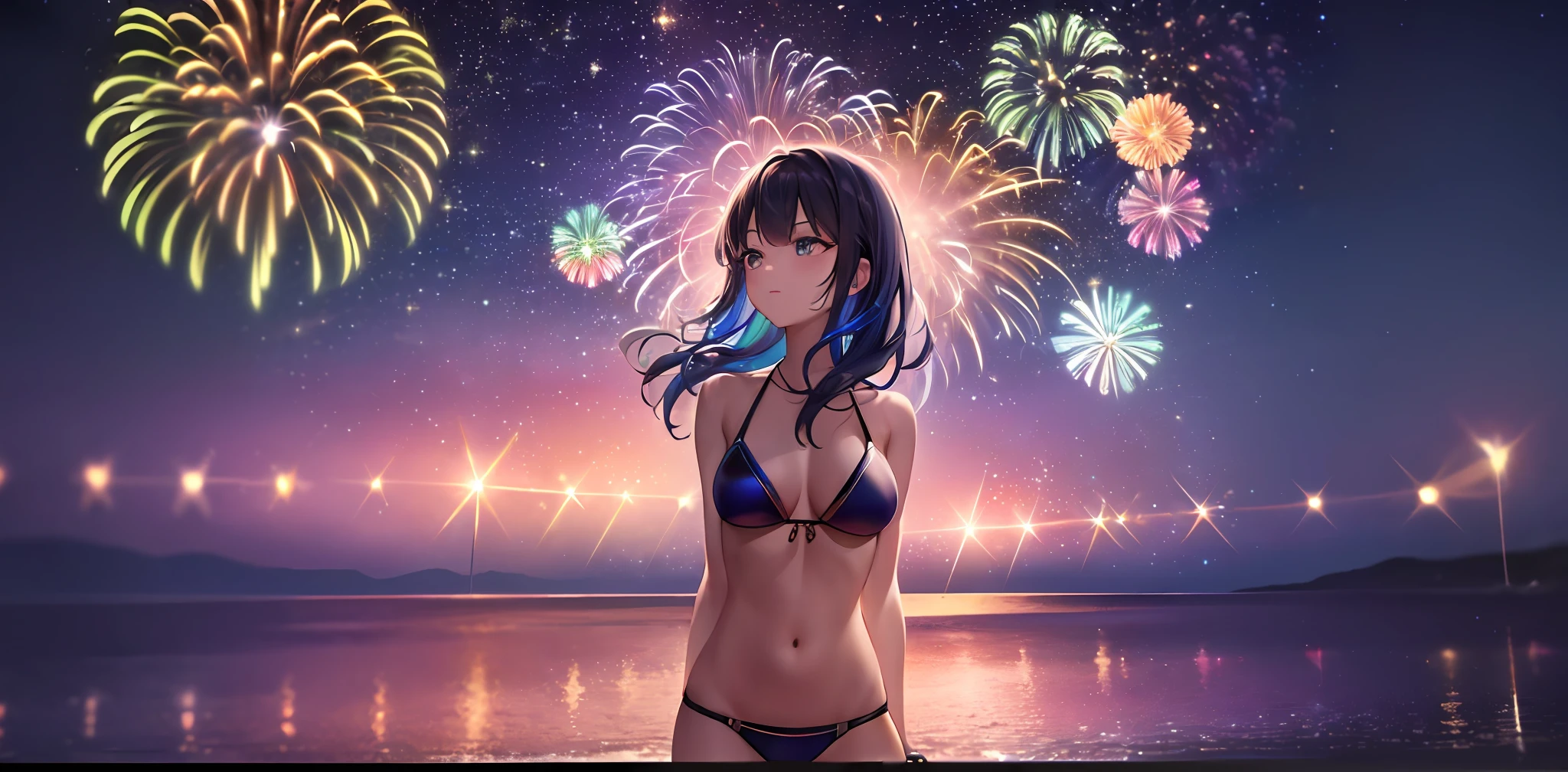 Vast night sky pictures,((Top quality:1.4),(Unparalleled masterpiece),Night Sky: 1.4,(Fireworks: 1.4, Aerial Fireworks: 1.4), highly detailed 8k CG unit,,Bokeh,Depth of field,, Beach, Sea, Volumetric Lighting,(Dynamic Composition: 1.4),Bikini girl standing on the beach, character 0.3, Very detailed, Colorful details, (Iridescent: 1.2), (glow illumination, atmosphere lighting), dreamy, magical, (solo: 1.2),