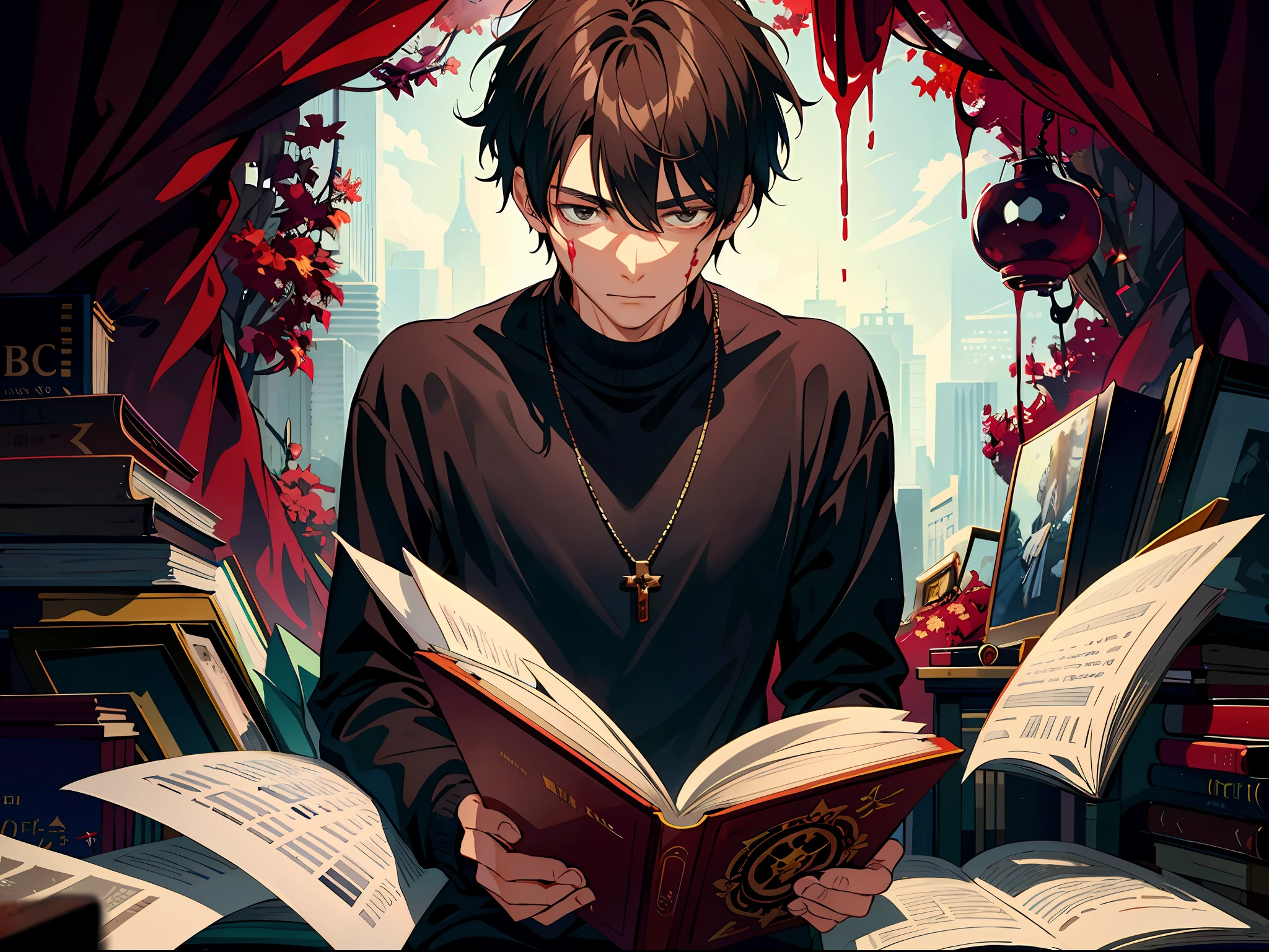 HD clear, best images, illustration quality, super detailed, a young man in a black casual sweater, performing some kind of ritual, with a book in front of him and blood dripping from his hands