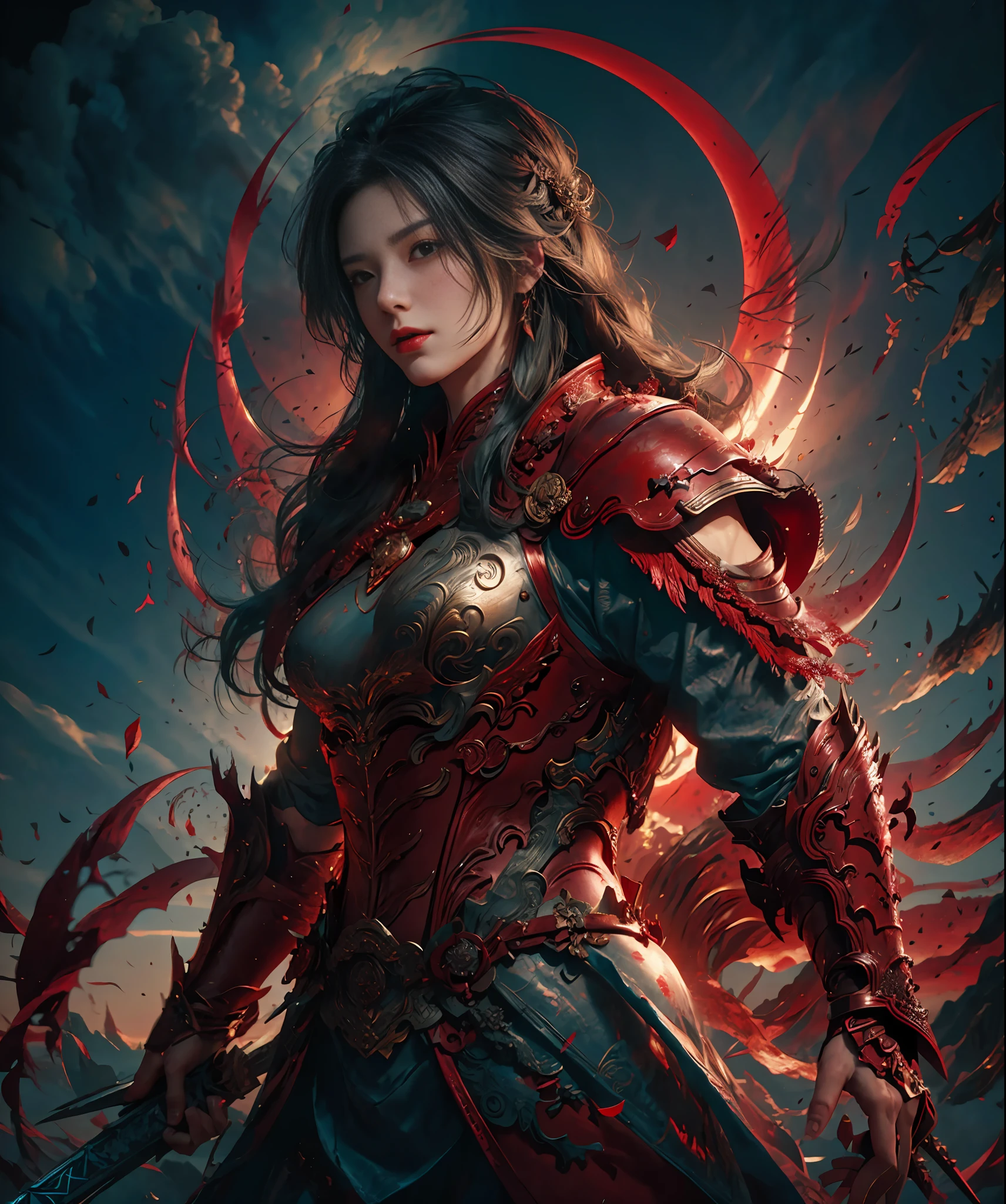 Close-up of a man holding a sword in a room, amazing 8K character concept art, crimson armor, WLOP style, trending concept art, CGsociety and weathering clock, inspired by Hu Zaobin, inspired by Feng Zhu, flowing robes and leather armor, figure painting, inspired by horse stone, red armor, picture not too bloody, virtual engine, realism, petals fluttering in the wind, delicate face, high quality
