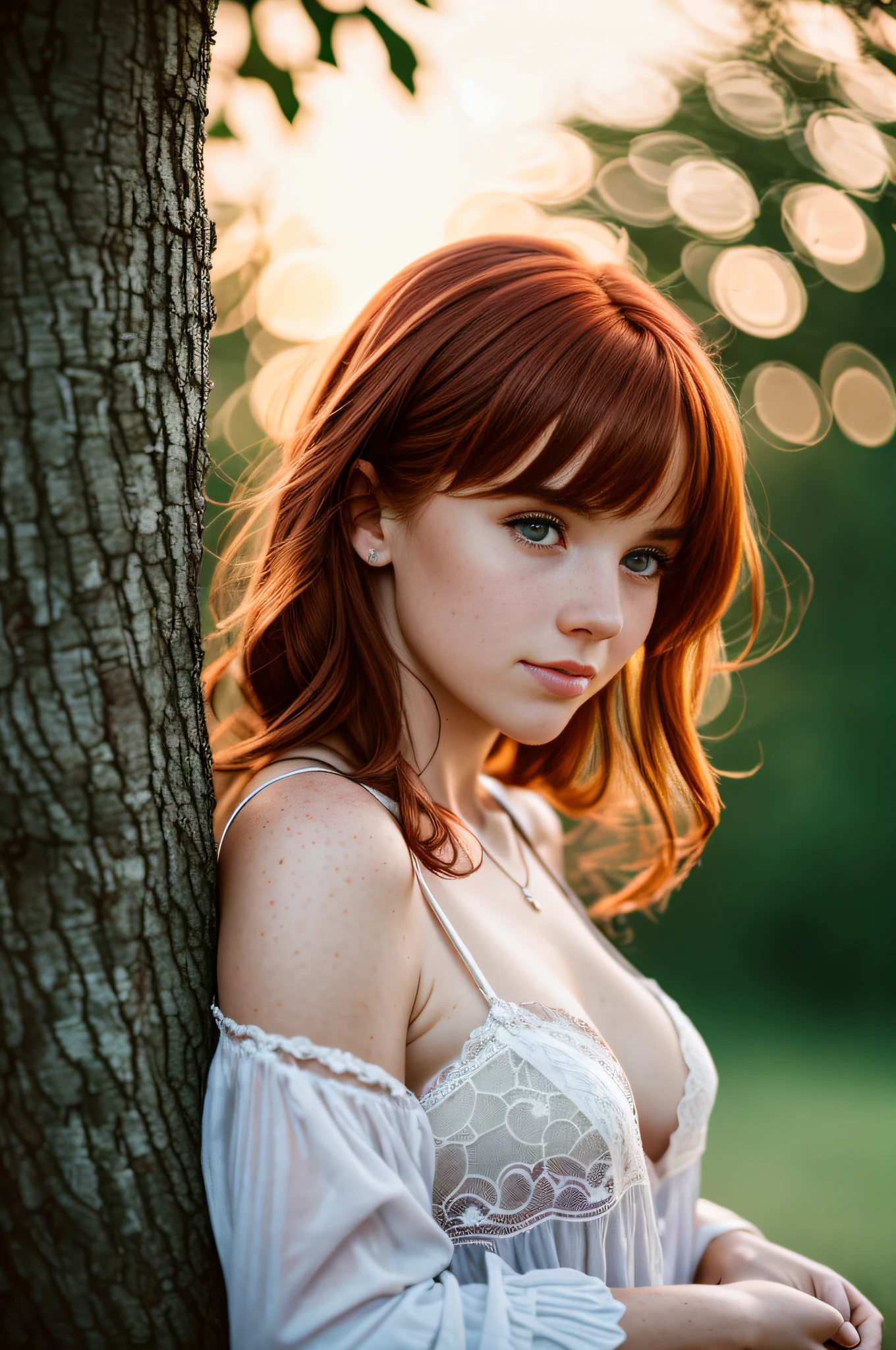 (8k, RAW photo, highest quality) depth of field, bokeh, 8K, HDR, cinematic rendering, a portrait of a 36-year-old redhead, framing from the navel, some small freckles, dressed in a ragged nightie, straps dropped, peeled off, leaning against a tree in the wilderness, goosebumps, cinematic, faded colors, dark shot,  muted colors, grainy film, read, crazy details, intricate details, hyperdetailed, sunset, shyness, seduction, romance, looks at the camera lens lovingly, no visible hand