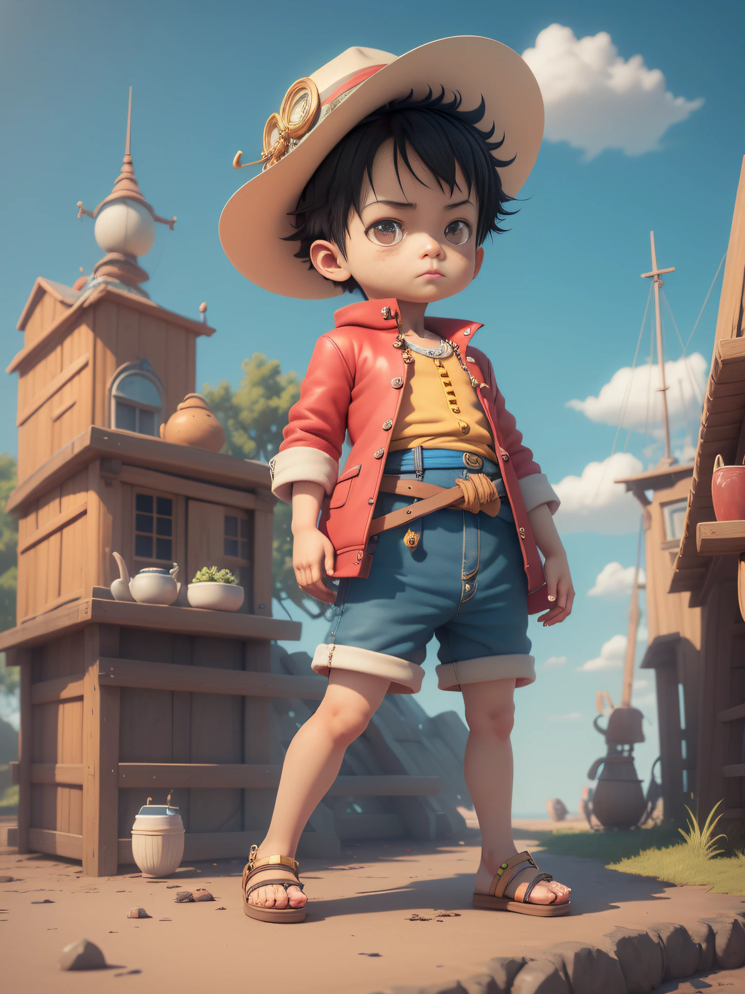 cute 3d render, cute detailed digital art, male explorer mini cute boy, cute digital painting, stylized 3d render, cute digital art, cute render 3d anime boy, luffy the little pirate looks up, cute! c4d, portrait anime sea pirate boy, ((he is wearing an open long-sleeved red cardigan with four buttons, with a yellow sash tied around his waist, blue shorts with cuffs, sandals)), ((standing in a pirate ship)).