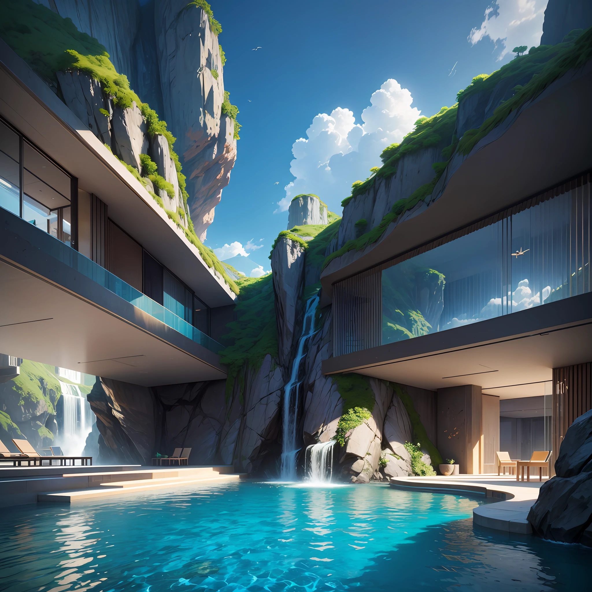 a modern futuristic design large cliff House's with a artificial waterfall and a pool in the middle, nature meets architecture, built around blue ocean, realistic beehive architecture, organic architecture, very close to real nature, breathtaking render, island with cave, stunning architecture, luxury architecture, realistic fantasy render, by Zha Shibiao, epic and stunning, architectural visualization, epic architecture, concept art. 8 k --auto --s2