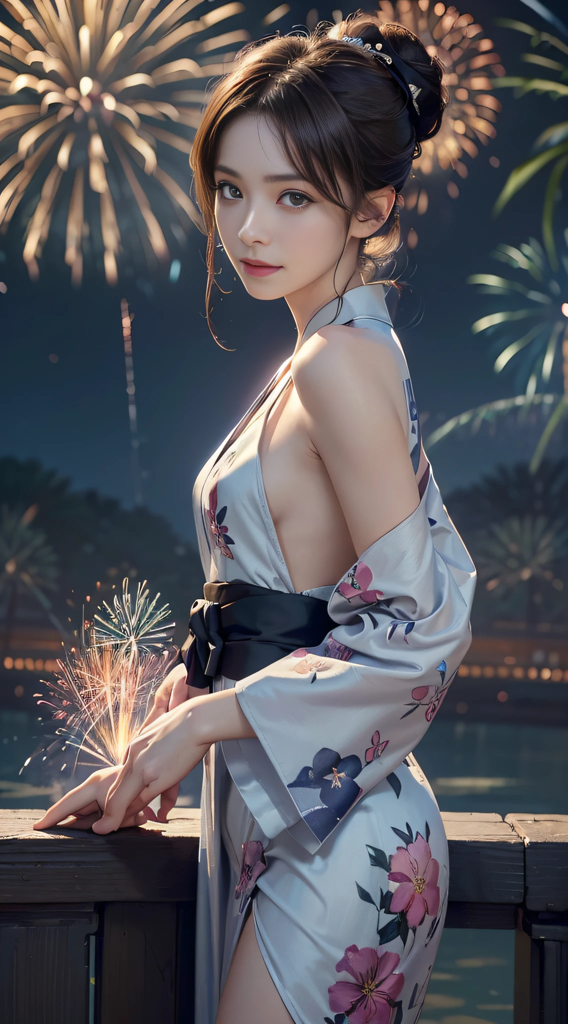 (pre-focus), (Darkness: 1.6), Cinema Lighting, Hyperreality by David Hockney and Alphonse Mucha, Women of Mu, Photoreal, Pale Skin, Dynamic Lighting, Art Station, Posters, Dark Lighting, (((Highly Detailed Face)), Eye Detail, 8K, One Girl, Cool Beautiful Face, High Nose, Female face like in Ghibli, slender, (big: 1.5), shoulder width, long legs, waist wide large, sexy style, waist constriction, ((small triangular face)), natural makeup, beautiful makeup, narrow eyes, pool, night, (((fireworks)), floral pattern yukata, kimono, cowboy shot, (formal dress: 1.4), hair details, hair is up, brown hair, Background bokeh, (ultra-low angle), shot from the front, small smile, standing shoulder-width apart, various poses, (((positive face)), face collapse