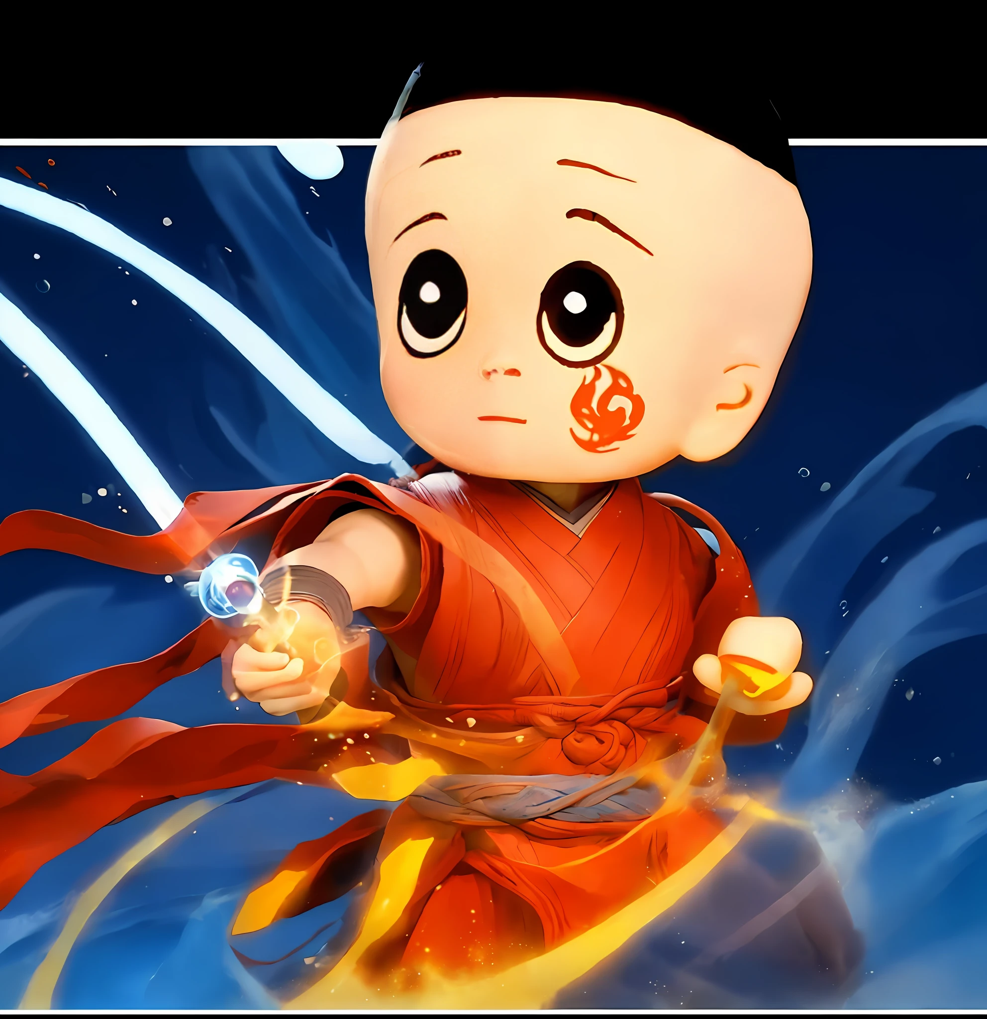 Close-up of a cartoon character wearing a red belly pocket, big head, big head, Akira in Chinese mythology, Nezha, high-grade light and shadow, skin color consistency, cupola braid on the head, cupola braid on the head, master work, super clear quality, normal head face, details, normal hands, mixed sky aya. Fire tip gun, qiankun circle, the same big ears, the same big ears, normal ears, facial details, expressions naturally looking forward, the scene is grand, the waves are monstrous