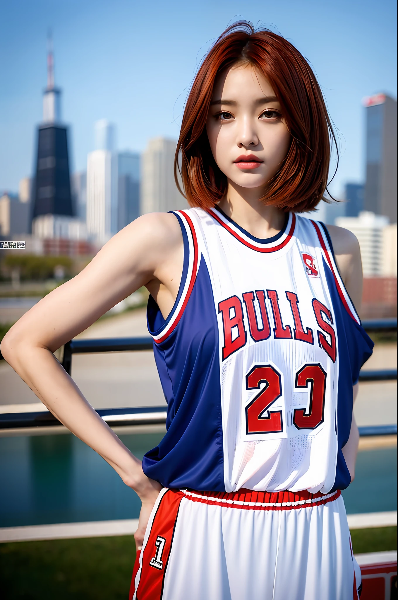 (best quality, masterpiece: 1.2), 18yo girl, wearing basketball jersey, chicago bulls, city in the background, morning light, realistic face, perfect body, good slim anatomy, perfect face, red hair, short hair, straight hair, photorealism, hyper-detailed, high quality, posing for photo, sexy