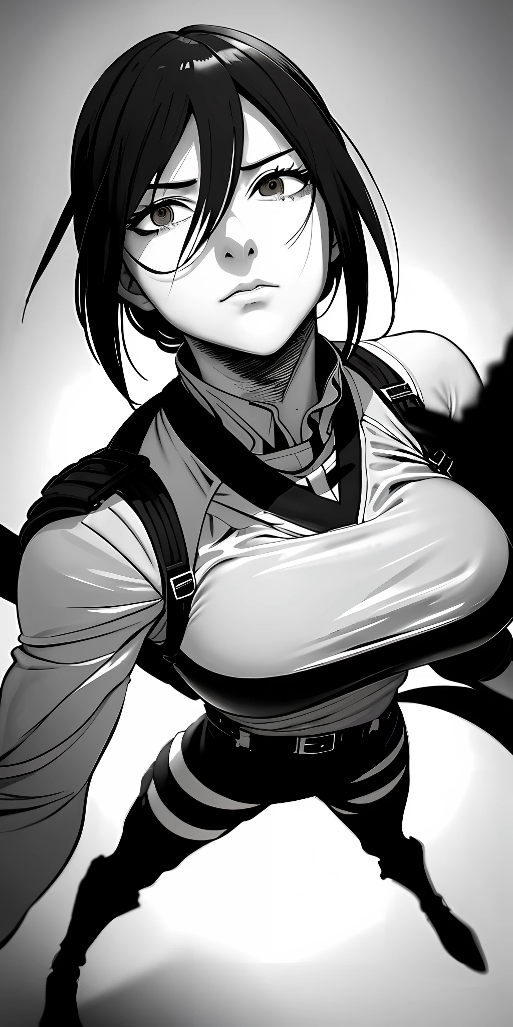 Mikasa Ackerman stands at the edge of a cliff, looking out over the vast and treacherous landscape beyond. Her face is a study in fierce determination and unwavering focus, every detail of her features perfectly rendered in stunning photo-realistic detail.As she surveys the Titan-infested terrain before her, Mikasa's eyes narrow in concentration, her jaw set in a determined line. Though her physical appearance is not the focus of the photo, her incredible strength and skill are clearly on display, with every muscle in her face tense and alert as she prepares to face whatever challenges may lie ahead.With her 3D cable coiled at her feet and her hands at the ready, Mikasa stands poised and ready for action, her face a testament to her unwavering commitment to protecting humanity from the Titan threat. Though she knows the road ahead will be fraught with danger and uncertainty, she faces it with unshakable resolve, secure in the knowledge that her incredible strength, skill, and determination will help her overcome any obstacle in her path. Mikasa's face is the embodiment of everything that makes her such an iconic character in the world of Attack on Titan - fierce, determined, and unyielding in the face of even the greatest of challenges.