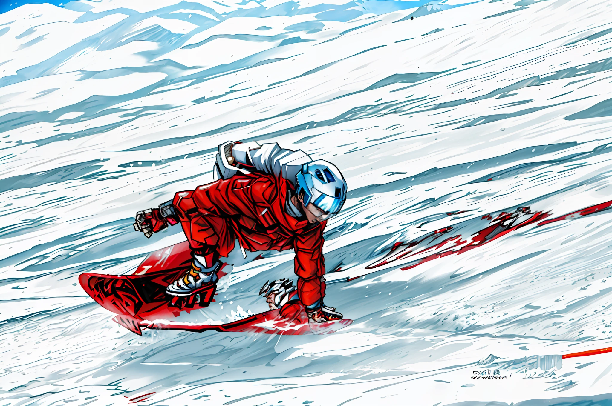 Snowboarder in red jacket and white pants, a snowboard, with helmet, a beautiful body portrait of a cute boy anime, balanced with the palm of his left hand supporting the snow, skiing on flat snow with his legs on sloping skis