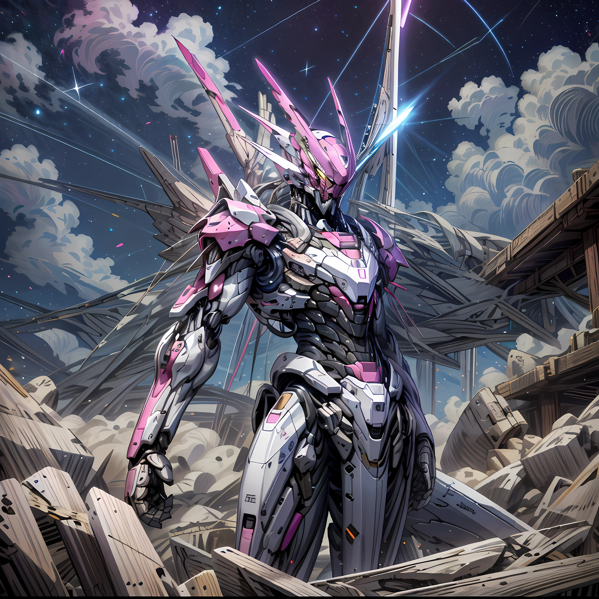 Pink mech, starry sky, bow and arrow, masterpiece, highest quality