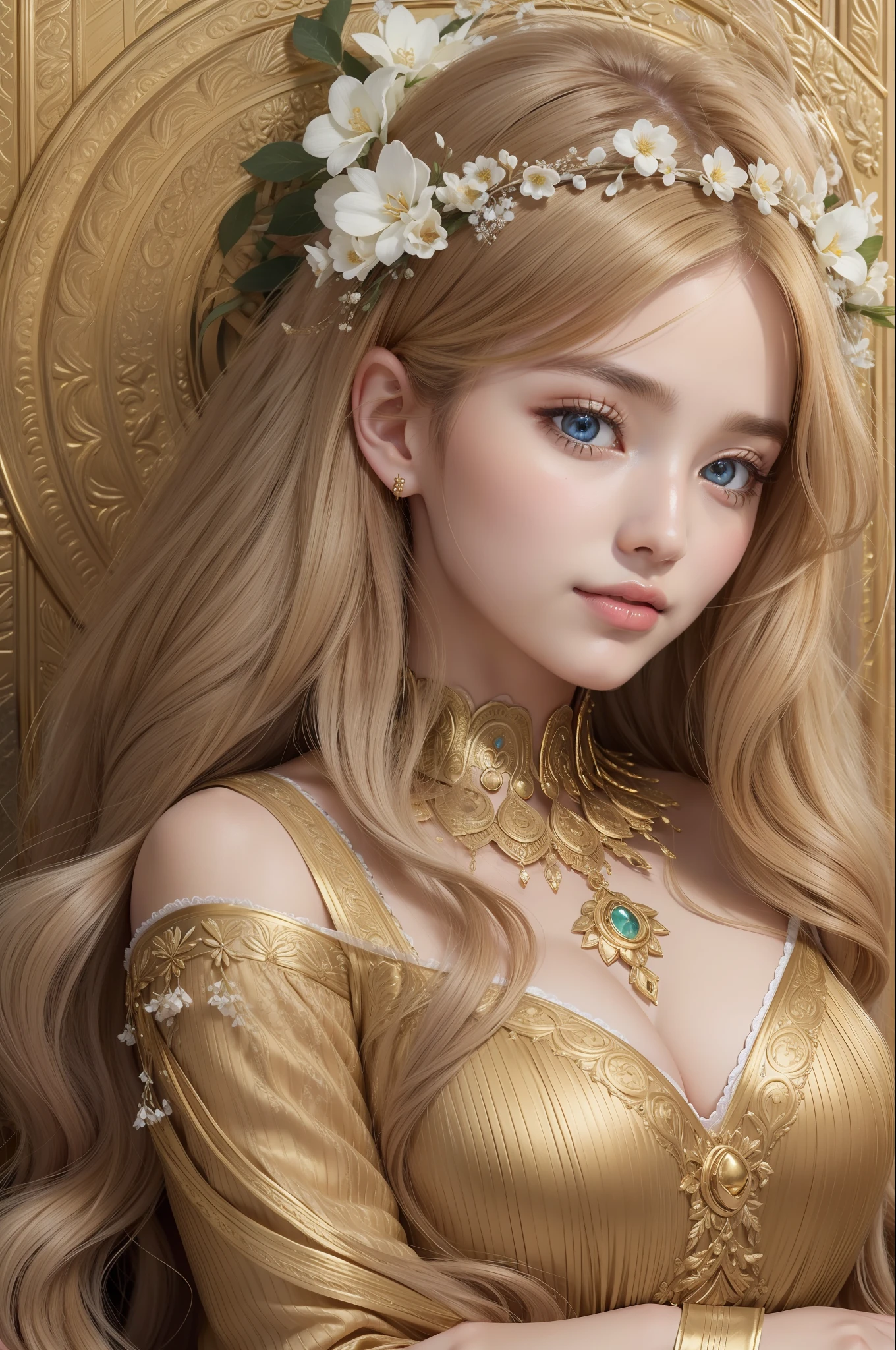 Absurd, ultra-detailed, high quality, masterpiece, detailed face, beautiful eyes(detailed eyes), Greek mythology Goddess, Hestia, goddess of the hearth and home, gentle and graceful, face exudes warmth and kindness, eyes described as soft and comforting, hold a gentle and steady gaze, golden hair color , The golden hue of her hair reflects her role as the goddess of the hearth , It falls in gentle waves, hair is adorned with simple floral accents, overall appearance is simple and modest, The fabric of her garments is usually depicted as soft and earth-toned, beauty lies not in extravagant adornments, Her smile is serene and welcoming
