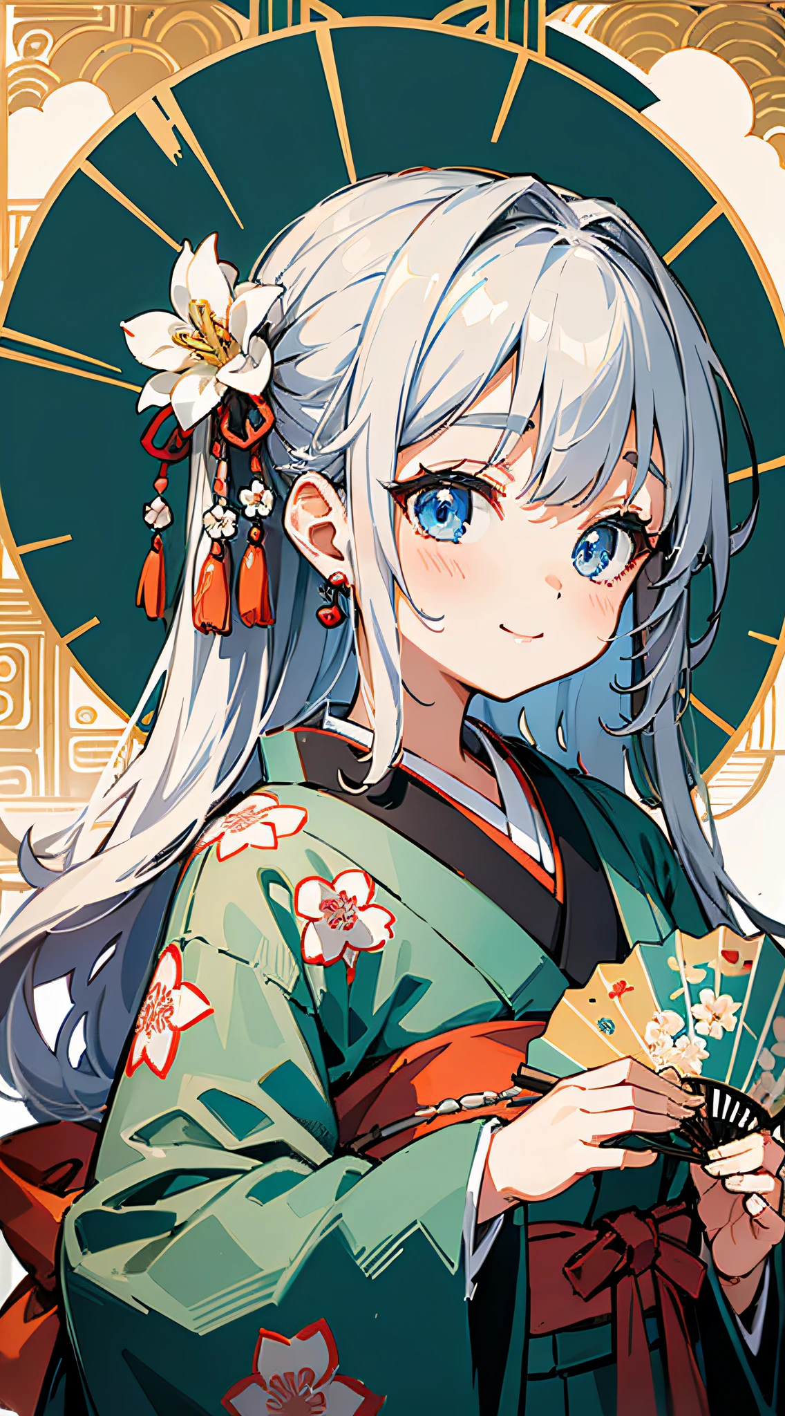 Masterpiece, super-high-resolution, cute girl, half-body, ancient Chinese style, long gray hair, kimono, flower embellishment, blue eyes, hairpin, cute little loli, cute cute cute, thick paint, gentle smile, holding a fan