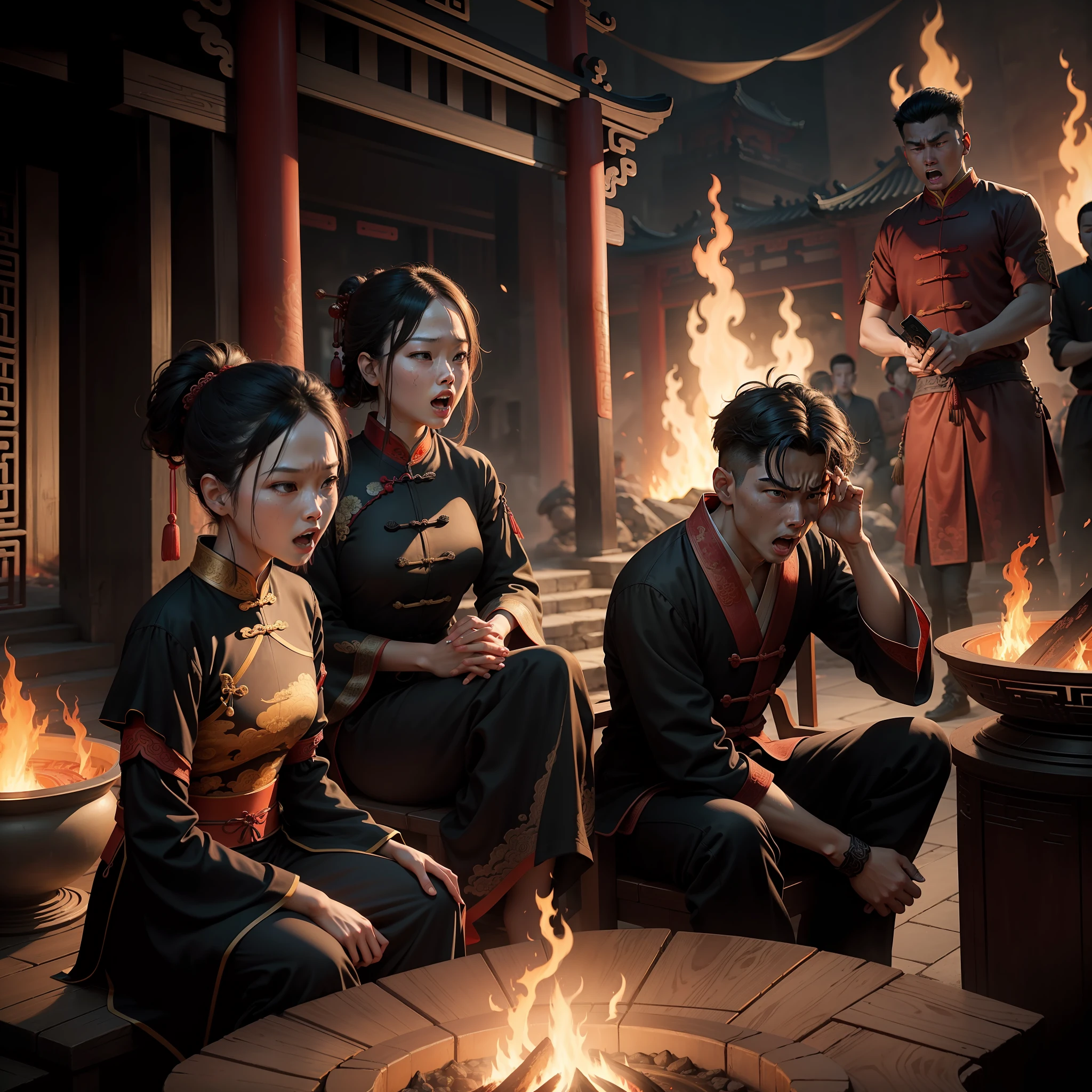 Masterpiece, 2 people, see the big fire pit, a young woman is yelling, a young man is sitting on the side watching, surprised expression, (((Chinese style))), (eerie, tense, suspenseful, terrifying atmosphere), 8k, HD, HD, high saturation, surreal, high resolution
