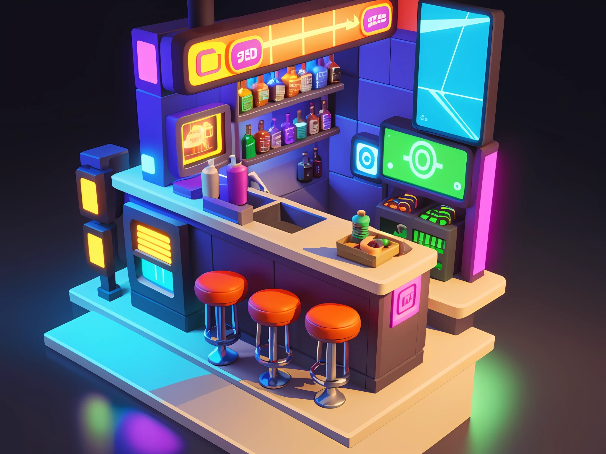 masterpiece, best quality, toon,3d,cyberpunk,bar