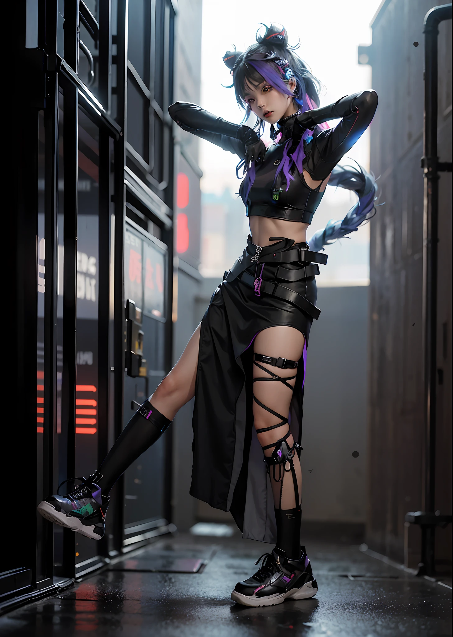 araffe dressed in a skirt and boots posing for a picture, cyberpunk style outfit, cyberpunk fashion clothing, photograph of a techwear woman, cyberpunk outfit, wild rave outfit, wearing japanese techwear, cyberpunk fashion clothes, cyberpunk clothes, cyberpunk outfits, anime vtuber full body model, angry high moral sexy werewolf, full body with costume, muted cyberpunk style