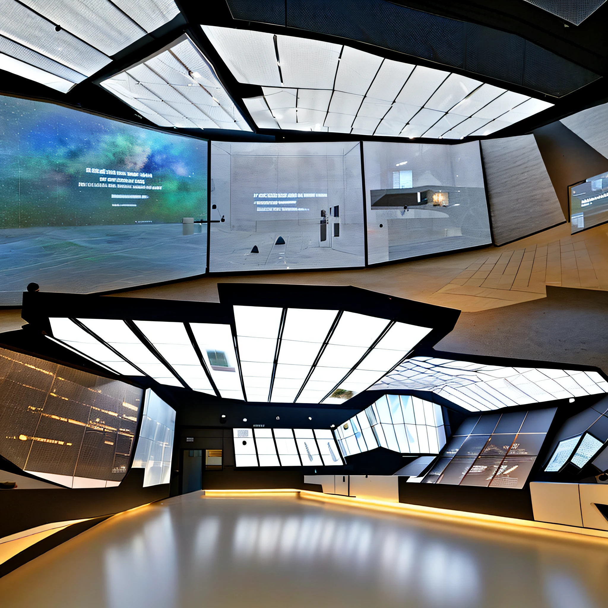 Museum, exhibition hall, one-point perspective space, huge space, dreamy, halo, technological space (mechanical ceiling: 1.4), pure space, minimalist design, pure ceiling, (clean ceiling:1.2), wooden floor, construction wall, (many showcases on the ground), showcases In the glow, a lot of (screen displays:1.2) on the wall illustrating engineering drawings, high quality, highest quality, 4k, 8k, professional lighting