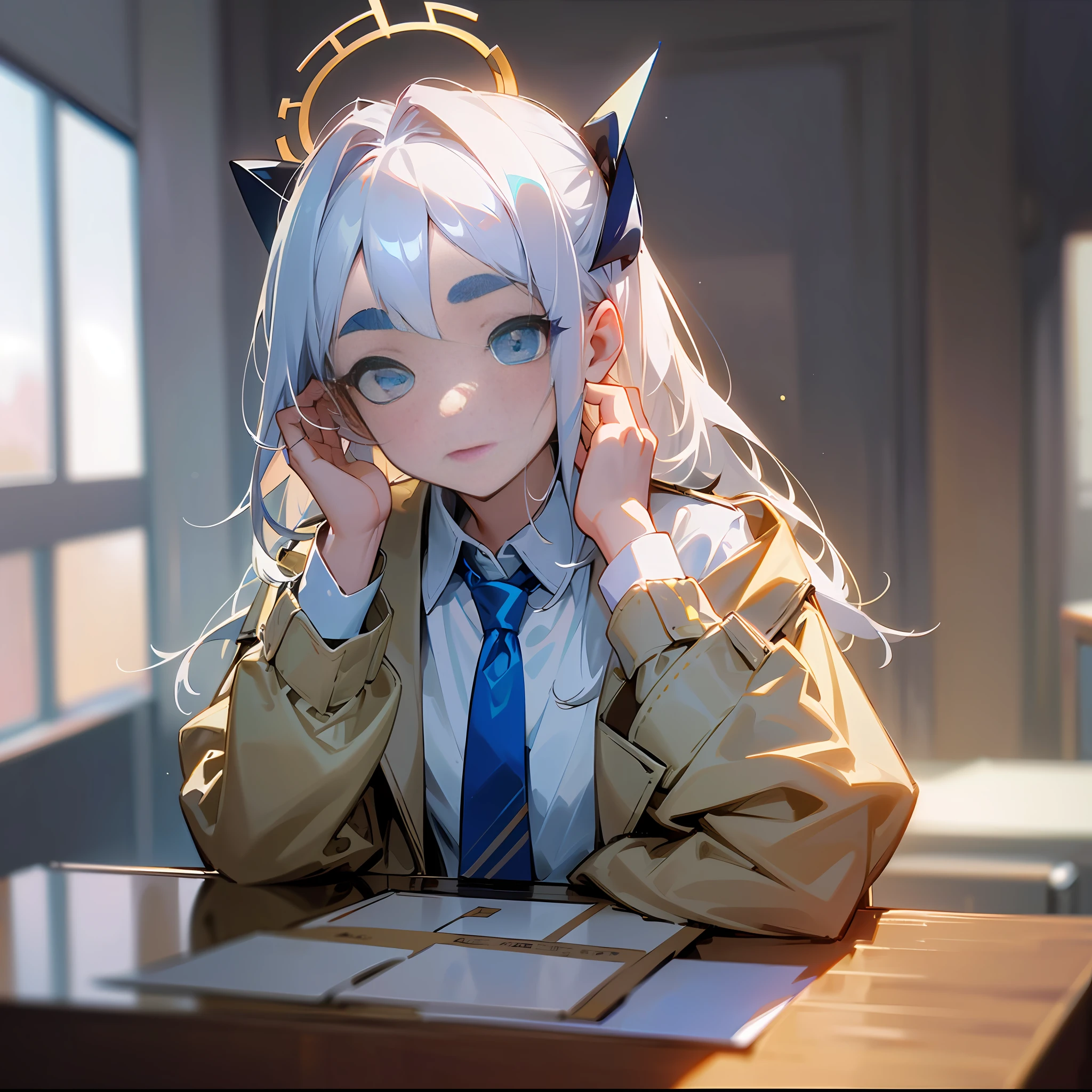 (1girl:0.976), White hair, (solo:0.892), (desk:0.876), (halo:0.868), (hair ornament:0.863), (blurry background:0.771), (Depth of view：0.766）, （looks at the viewer：0.621）, （blue necktie：0.591）, （eyebrows visible through hair：0.589）, （indoors：0.530）, （Open the jacket：0.501）, 16k, highres, best quality, award winning, high details, high quality, textured skin, super detail, UHD, retina, ccurate, masterpiece --auto --s2