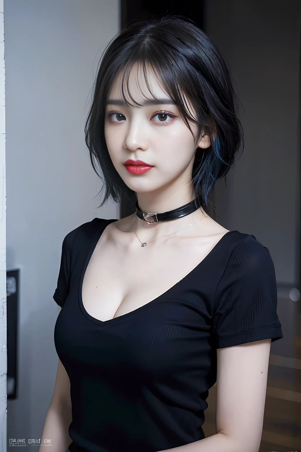 3d masterpiece, best quality, 3d rending work, 3DMM style, close-up, portrait, 3D,1girl, solo, multicolored hair, blue hair, black hair, necklace, freckles, jewelry, two-tone hair, looking to the side, realistic, upper body, simple background, bangs, looking away, short hair, parted lips, black eyes, lips, gothic, choker, makeup, mole, black shirt, shirt, watermark