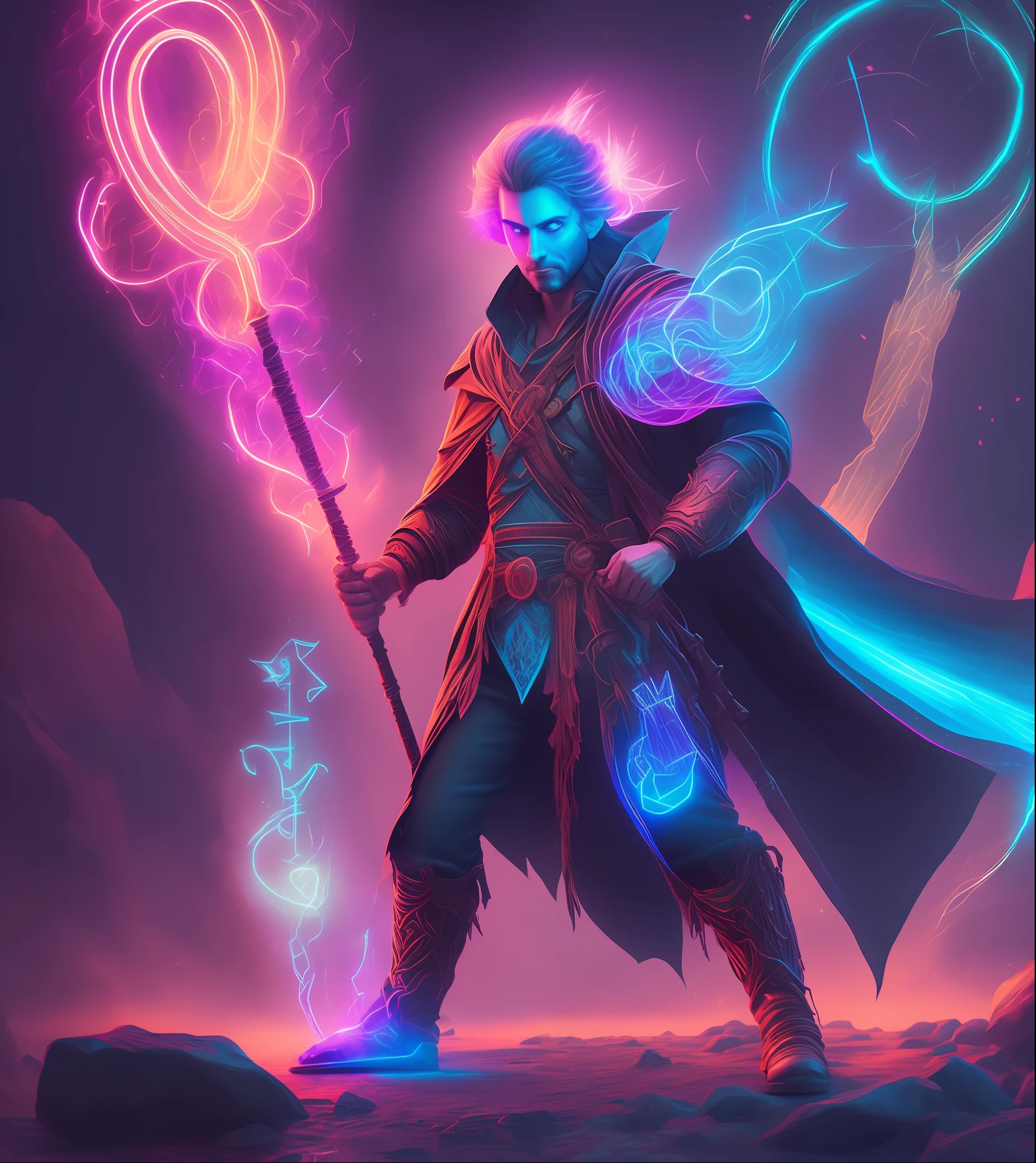 Full body mage holding magic wand in one hand, confident mage with hawk nose surrounded by glowing arcane runes, ultra realism, 8k quality, bright neon colors, glowing eyes, ultra vivid neon colors, engine graphic ureal engine 5, hyperrealism, UHD