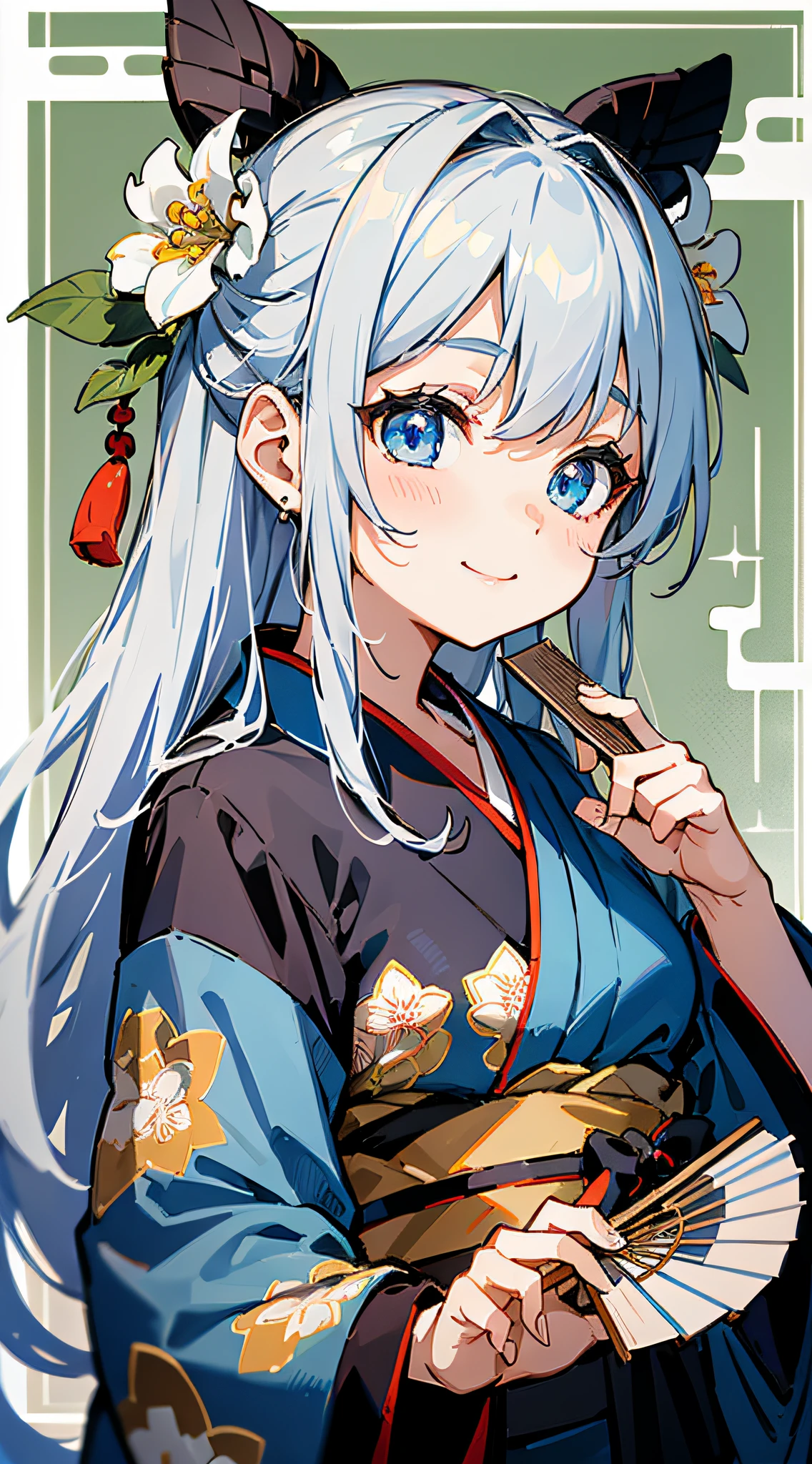 Masterpiece, super-high-resolution, cute girl, half-body, ancient Chinese style, long gray hair, kimono, flower embellishment, blue eyes, hairpin, cute little loli, cute cute cute, thick paint, gentle smile, holding a fan