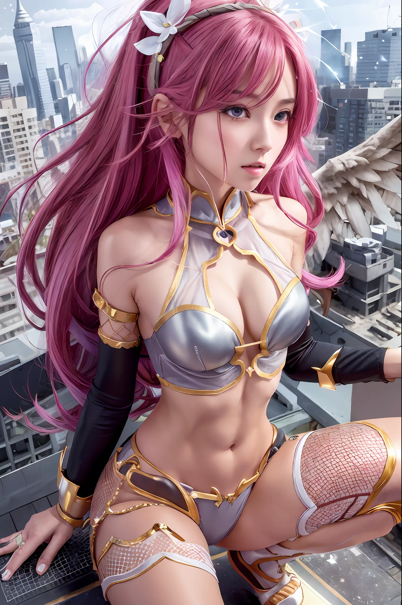 Best illustrations, realistic details and details
Break. squatting cowgirl,,
1 Girl, Beautiful, Seductive Face, Tanned Skin, Detailed Skin, anicos_inori, Yuzuri, Pink Hair, Long Hair, Navel, Detached Sleeves, Bare Shoulders, Middle Opening, Cleavage, Medium Breasts, Hair Clips, Hair Ornaments, Red Eyes, Thigh Height, Leotard, Full Body, Watch the Viewer(Six-Winged Angel: 1.4),
break
On a rooftop overlooking futuristic cityscape, starry sky and dark environment
break
Shattering glass with fractal particle effect, volumetric fog on the horizon, levitation, emotional and powerful atmosphere, gears of machinery
break
Aerial perspective, detailed background, third law, sharp focus, depth of field
break
NEP costume, woman, high dan god