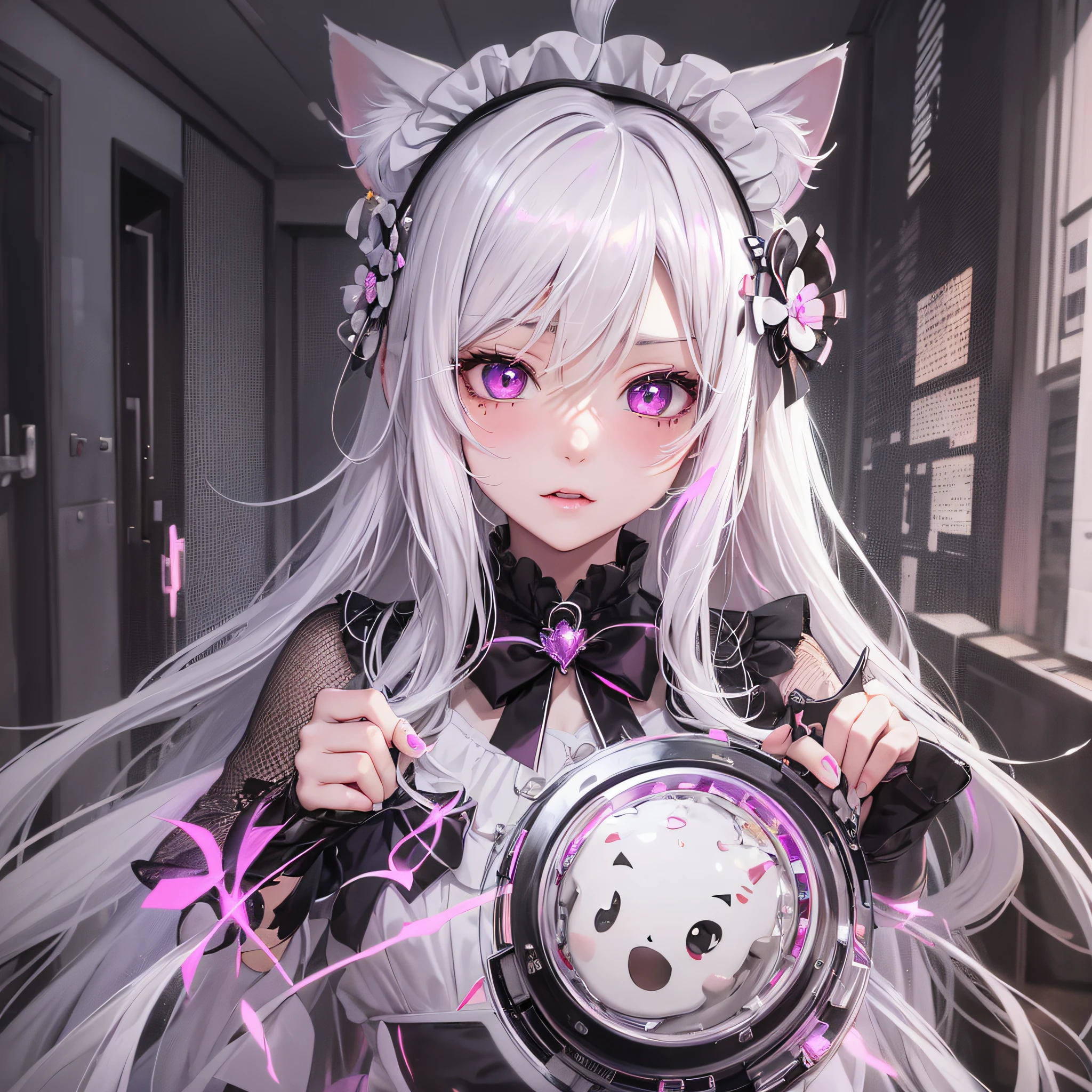streaked hair, white hair, halo, maid headdress, mole under mouth, skull hair ornament, mole under eye, heart-shaped pupils, longeyelashes, pink eyes, cat ears, shy, blush, fangs, ear blush, nose blush, anime, anime style, Color Field painting, ray tracing, bloom, first-person view, UHD, award winning, 16k, best quality, high details, high quality, masterpiece, highres, ccurate, super detail --auto --s2