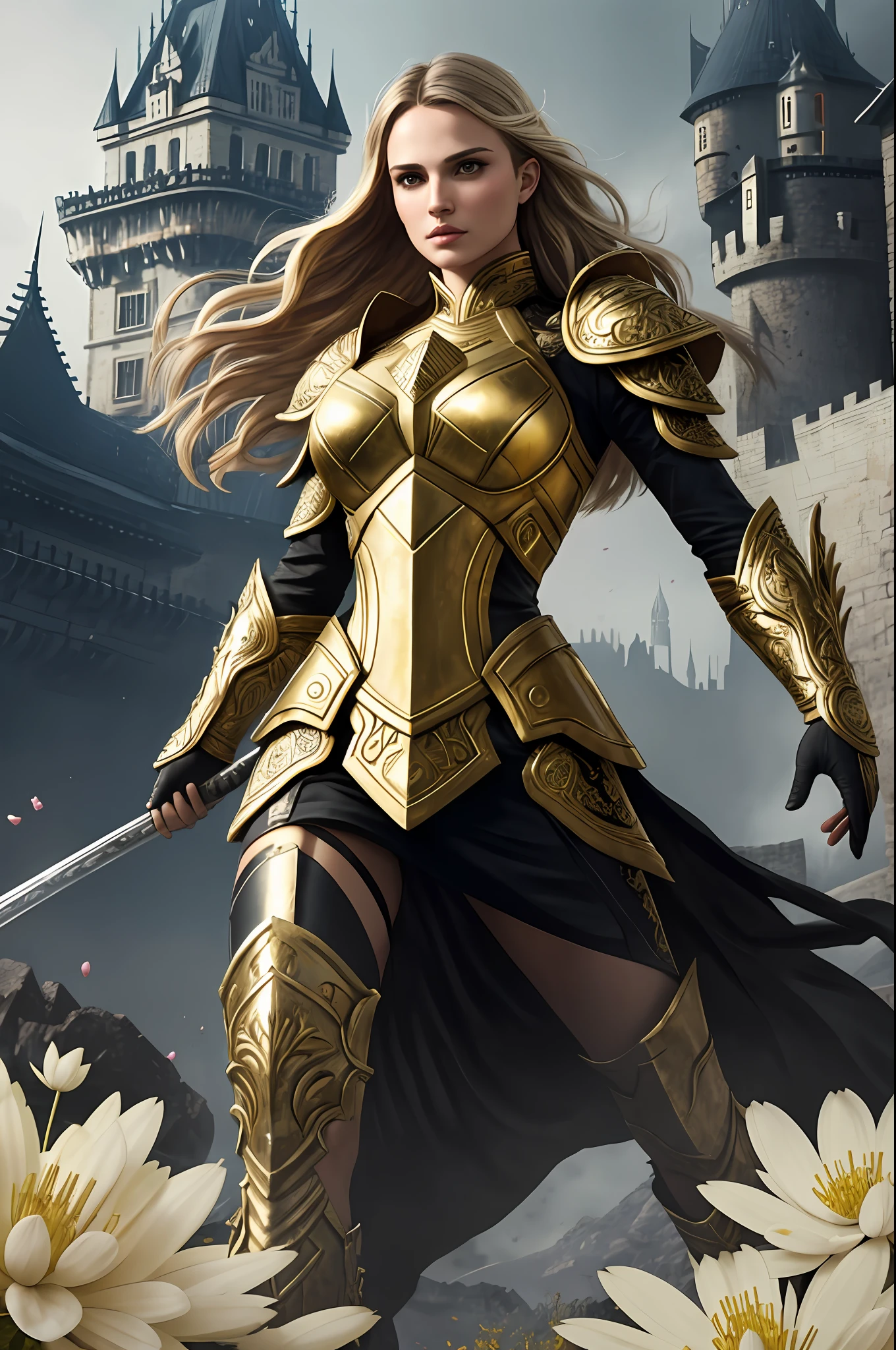 full body,front stance, (warrior:1.2) female,natalie portman,golden hair,lady thor,wearing full body multiple layer (heavy metal armor:1.2), (white and yellow metal armor with intricate pattern:1.2), gloves, (insanely detailed, bloom:1.5), (highest quality, Alessandro Casagrande, Greg Rutkowski, Sally Mann, concept art, 4k), (analog:1.2), (high sharpness), (detailed pupils:1.1), (painting:1.1), (digital painting:1.1), detailed face and eyes,looking at camera,full frontal pose Masterpiece, best quality, (highly detailed photo:1.1), 8k, photorealistic, (dark hair color, dynamic hairstyle), (pureerosface_v1:0.1), By jeremy mann, by sandra chevrier, by maciej kuciara, sharp, (ripped body:1.1), realistic, real shadow, (asian castle background:1.2), (by Michelangelo)