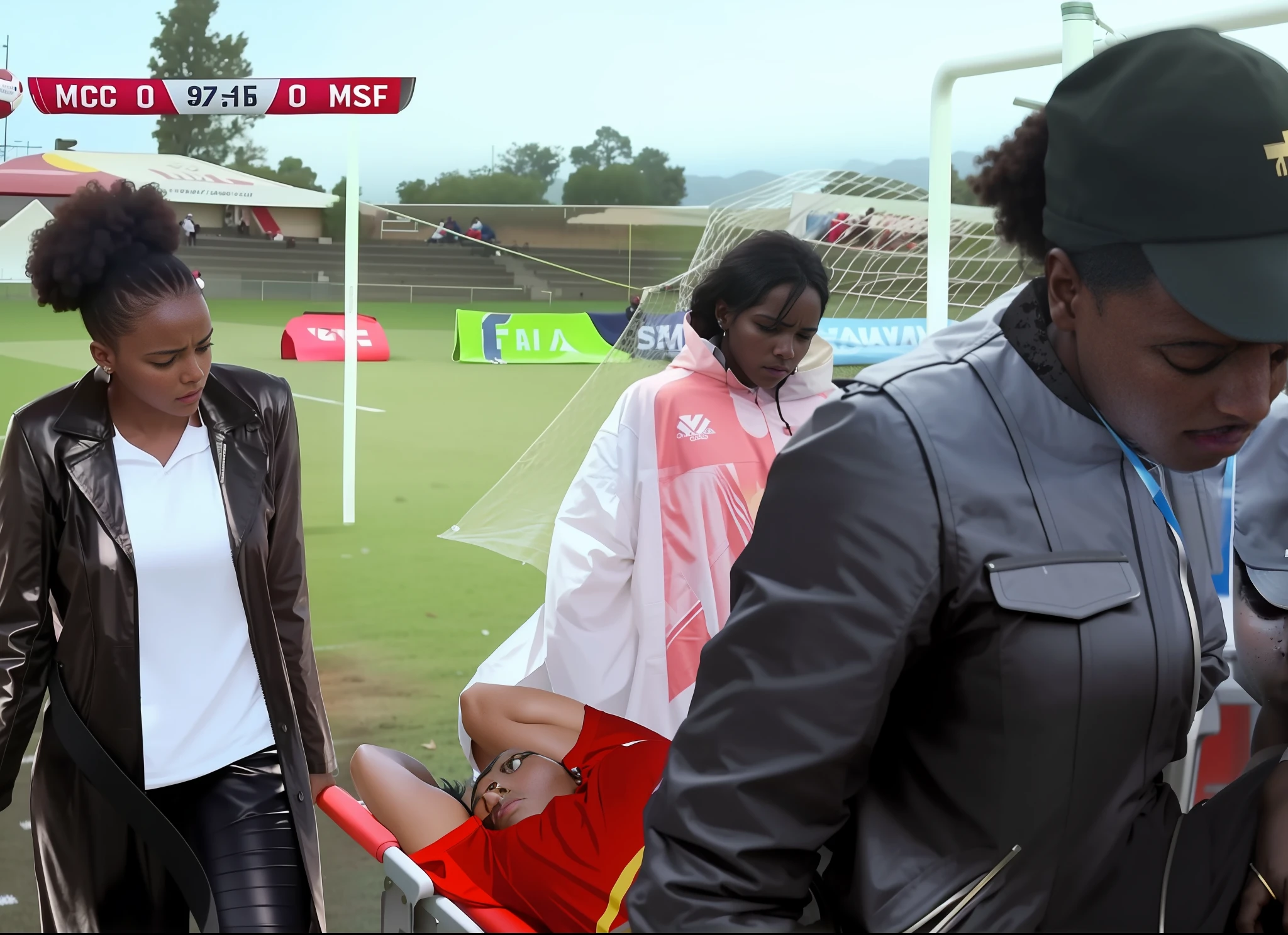 There is a man lying on a stretcher with his arms crossed over his face, a man in a red t-shirt has crossed his arms over his face, the man has an agonised face under his arms, several women walking around a football field with an injured athlete on a stretcher, the injured athlete on the stretcher covers his face with both hands, the women look very worried, behind her is a frightening atmosphere, video still, behind the scenes, Malika Favre, screenshot, footage, 4 0 9 6, cover photo, aesthetic shot, dramatic mood, intense scene, Making of, Mongezi Ncaphayi, Thriller atmosphere, Filming, Edited