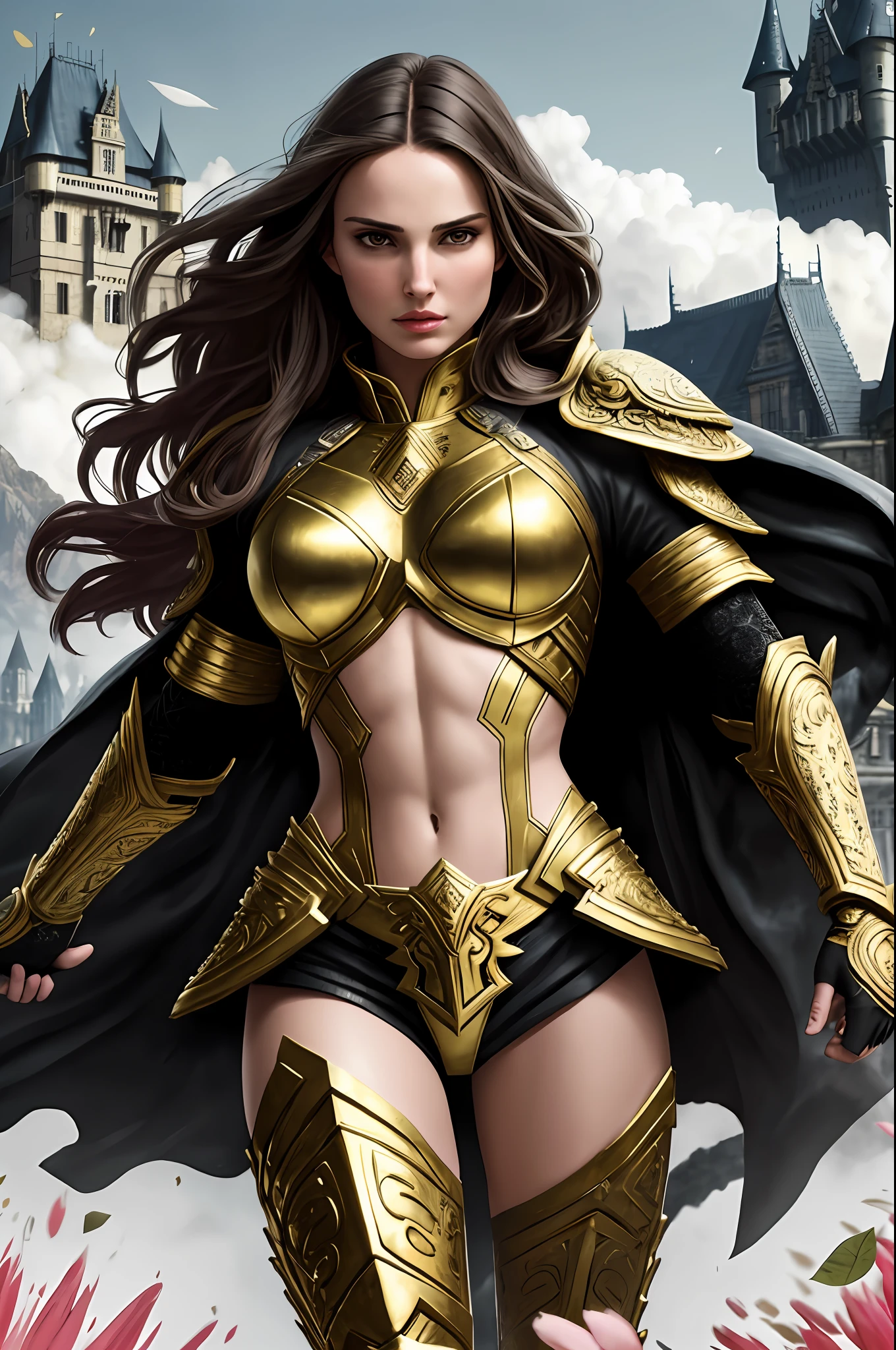 full body,front stance, (warrior:1.2) female,natalie portman,golden hair,lady thor,wearing full body multiple layer (heavy metal armor:1.2), (white and yellow metal armor with intricate pattern:1.2), gloves, (insanely detailed, bloom:1.5), (highest quality, Alessandro Casagrande, Greg Rutkowski, Sally Mann, concept art, 4k), (analog:1.2), (high sharpness), (detailed pupils:1.1), (painting:1.1), (digital painting:1.1), detailed face and eyes,looking at camera,full frontal pose Masterpiece, best quality, (highly detailed photo:1.1), 8k, photorealistic, (dark hair color, dynamic hairstyle), (pureerosface_v1:0.1), By jeremy mann, by sandra chevrier, by maciej kuciara, sharp, (ripped body:1.1), realistic, real shadow, (asian castle background:1.2), (by Michelangelo)