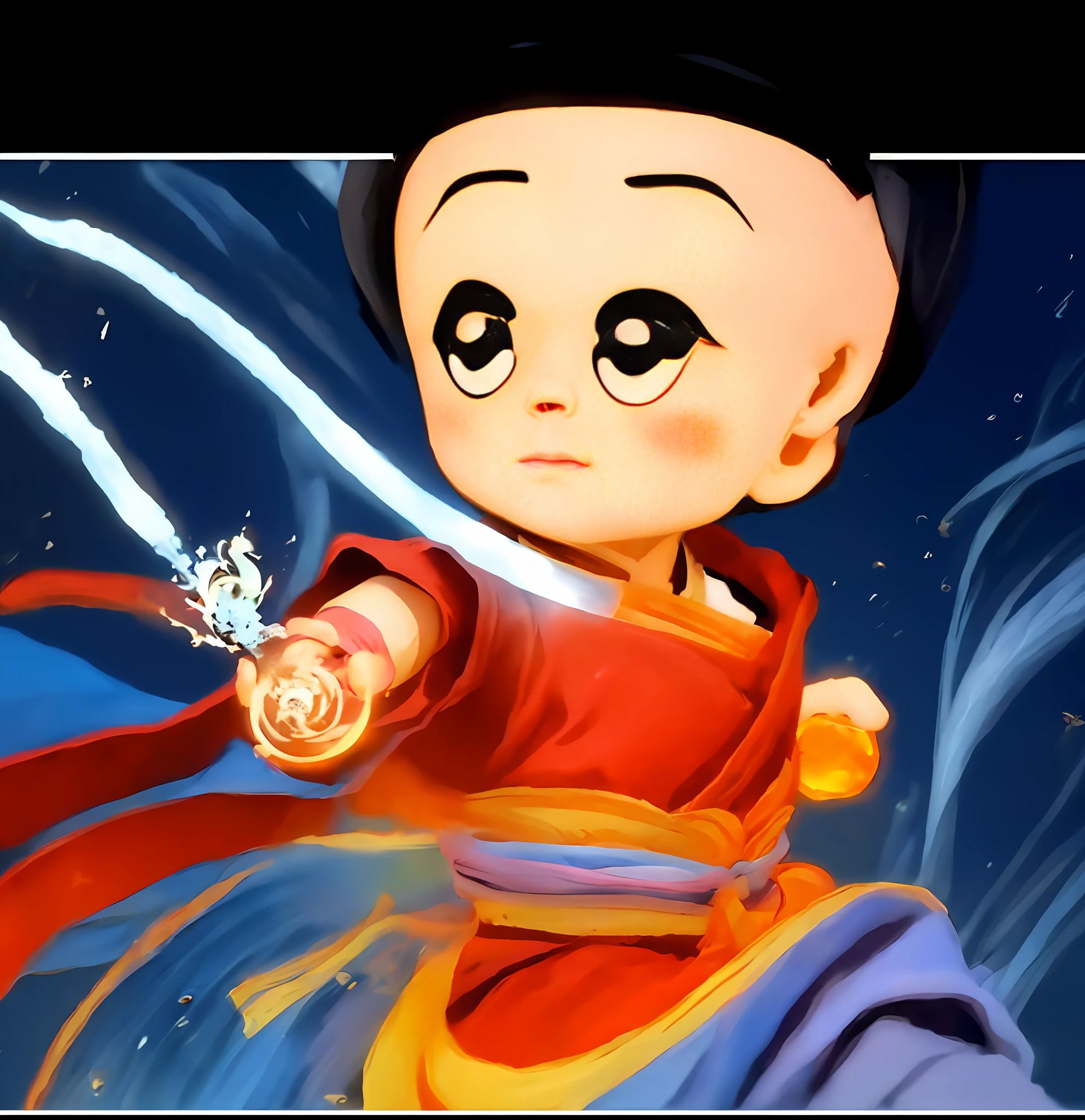 Close-up of a cartoon character wearing a red belly pocket, big head, big head, Akira in Chinese mythology, Nezha, high-grade light and shadow, skin color consistency, cupola braid on the head, cupola braid on the head, master work, super clear quality, normal head face, details, normal hands, mixed sky aya. Fire tip gun, qiankun circle, the same big ears, the same big ears, normal ears, facial details, expressions naturally looking forward, the scene is grand, the waves are monstrous