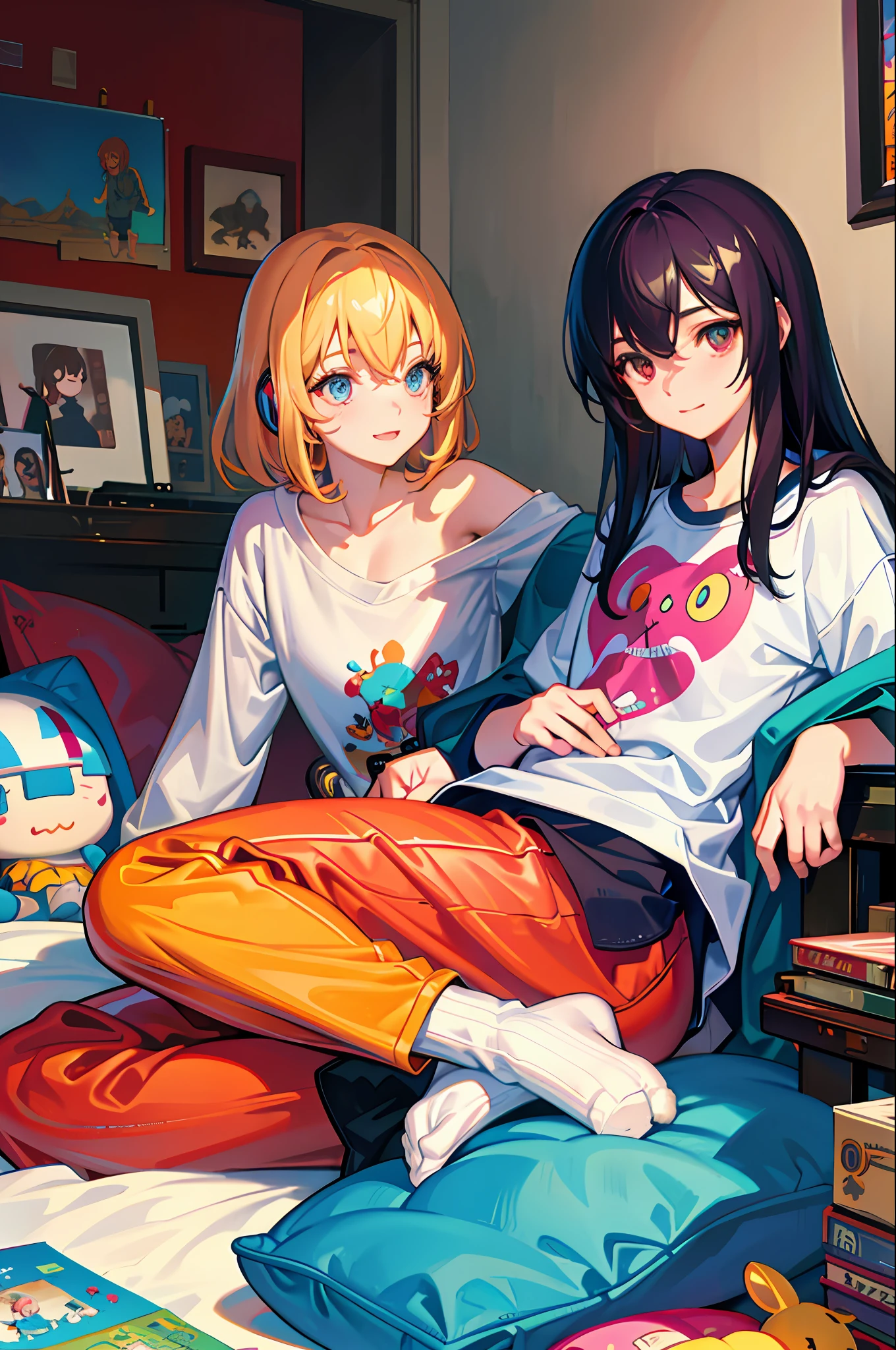 masterpiece, best quality, ultra-detailed, illustration, 2girls, sitting, playful, gaming, messy room, teenage, 15 years old, lighthearted, cozy, relaxed, cheerful, fondness, love, friendship, cute, touching, computer game, controllers, smiles, joy, laughter, comfortable, slippers, pajamas, messy hair, tousled, disarray, cluttered, toys, posters, pillows, blankets, lamp, desk, chair, cozy atmosphere, warm lighting, bright colors, soft pastels, flowers, plants, books, headphones, snacks, soda, energy drinks, manga, novels, plushies, figurines, posters, pictures, posters, wall scrolls, stickers, decorations, bed, blankets, pillows, stuffed animals, cozy blankets, warm blankets, comfortable clothes, casual attire, leisure wear, sweatshirt, sweatpants, shorts, t-shirt, tank top, socks,