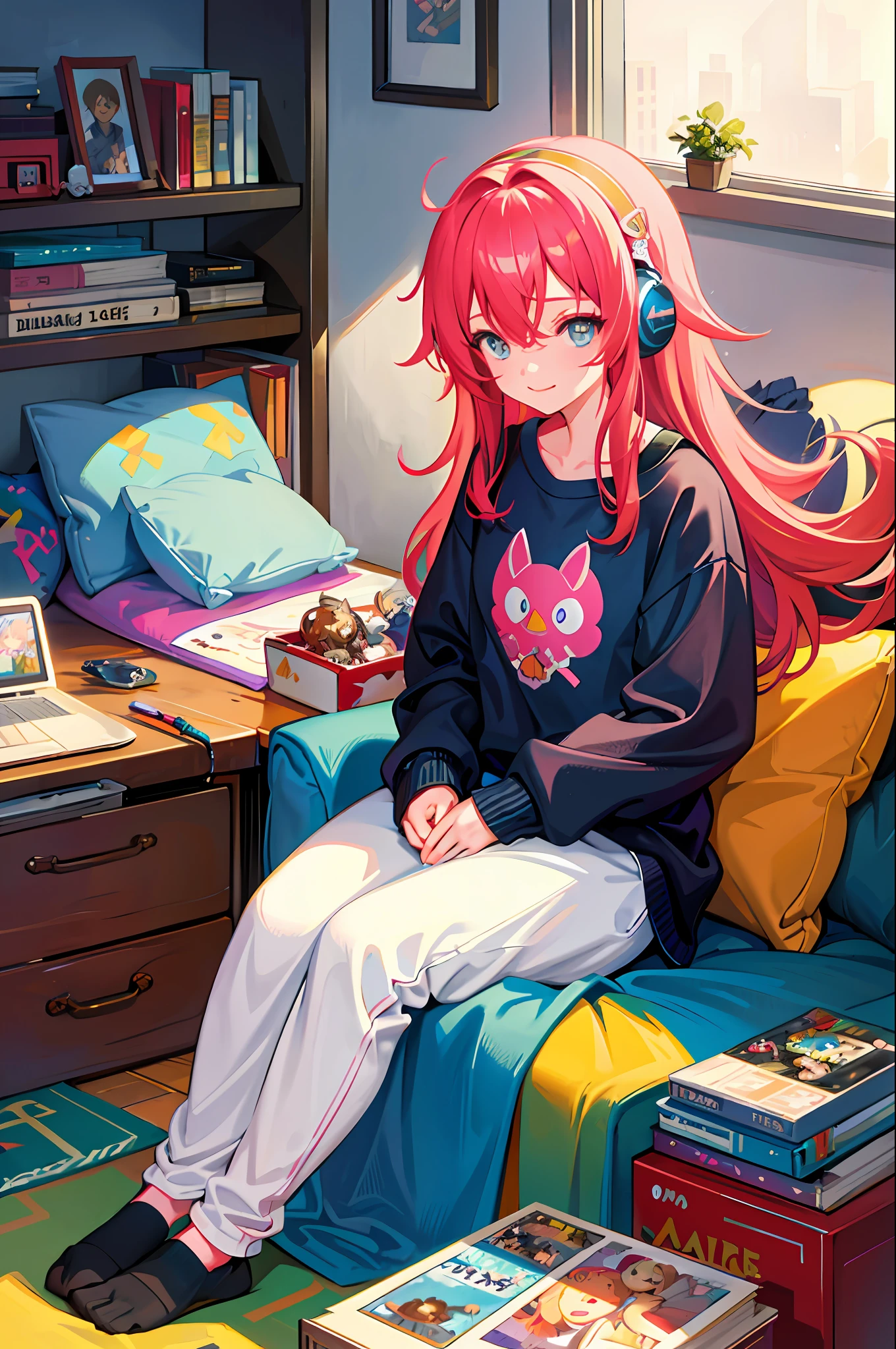 masterpiece, best quality, ultra-detailed, illustration, 2girls, sitting, playful, gaming, messy room, teenage, 15 years old, lighthearted, cozy, relaxed, cheerful, fondness, love, friendship, cute, touching, computer game, controllers, smiles, joy, laughter, comfortable, slippers, pajamas, messy hair, tousled, disarray, cluttered, toys, posters, pillows, blankets, lamp, desk, chair, cozy atmosphere, warm lighting, bright colors, soft pastels, flowers, plants, books, headphones, snacks, soda, energy drinks, manga, novels, plushies, figurines, posters, pictures, posters, wall scrolls, stickers, decorations, bed, blankets, pillows, stuffed animals, cozy blankets, warm blankets, comfortable clothes, casual attire, leisure wear, sweatshirt, sweatpants, shorts, t-shirt, tank top, socks,