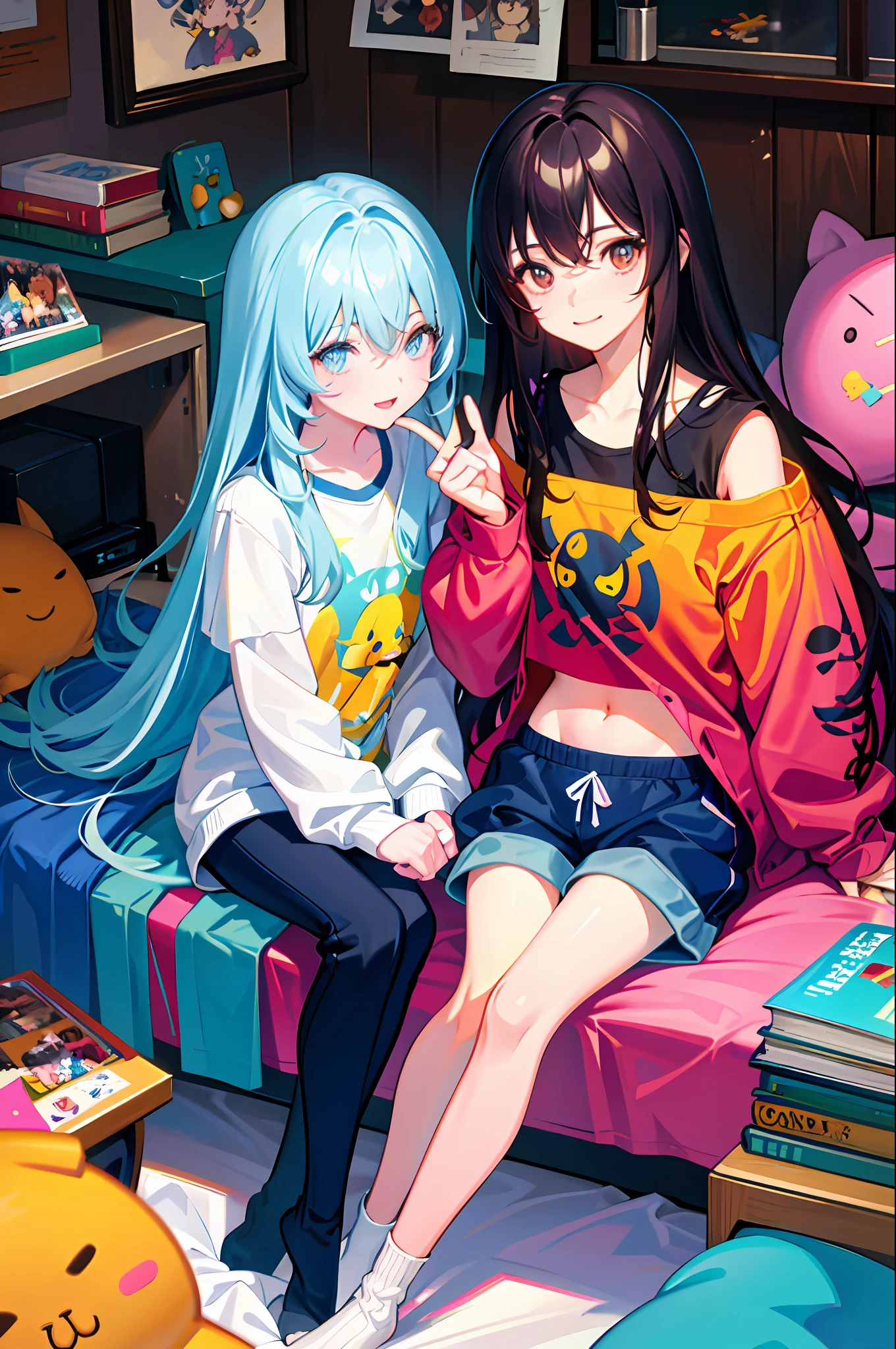 masterpiece, best quality, ultra-detailed, illustration, 2girls, sitting, playful, gaming, messy room, teenage, 15 years old, lighthearted, cozy, relaxed, cheerful, fondness, love, friendship, cute, touching, computer game, controllers, smiles, joy, laughter, comfortable, slippers, pajamas, messy hair, tousled, disarray, cluttered, toys, posters, pillows, blankets, lamp, desk, chair, cozy atmosphere, warm lighting, bright colors, soft pastels, flowers, plants, books, headphones, snacks, soda, energy drinks, manga, novels, plushies, figurines, posters, pictures, posters, wall scrolls, stickers, decorations, bed, blankets, pillows, stuffed animals, cozy blankets, warm blankets, comfortable clothes, casual attire, leisure wear, sweatshirt, sweatpants, shorts, t-shirt, tank top, socks,