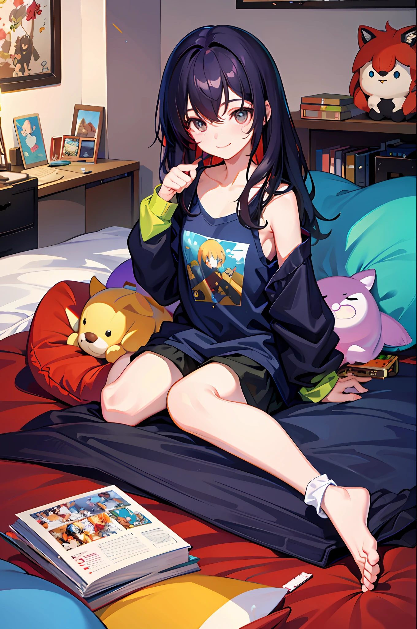 masterpiece, best quality, ultra-detailed, illustration, 2girls, sitting, playful, gaming, messy room, teenage, 15 years old, lighthearted, cozy, relaxed, cheerful, fondness, love, friendship, cute, touching, computer game, controllers, smiles, joy, laughter, comfortable, slippers, pajamas, messy hair, tousled, disarray, cluttered, toys, posters, pillows, blankets, lamp, desk, chair, cozy atmosphere, warm lighting, bright colors, soft pastels, flowers, plants, books, headphones, snacks, soda, energy drinks, manga, novels, plushies, figurines, posters, pictures, posters, wall scrolls, stickers, decorations, bed, blankets, pillows, stuffed animals, cozy blankets, warm blankets, comfortable clothes, casual attire, leisure wear, sweatshirt, sweatpants, shorts, t-shirt, tank top, socks,