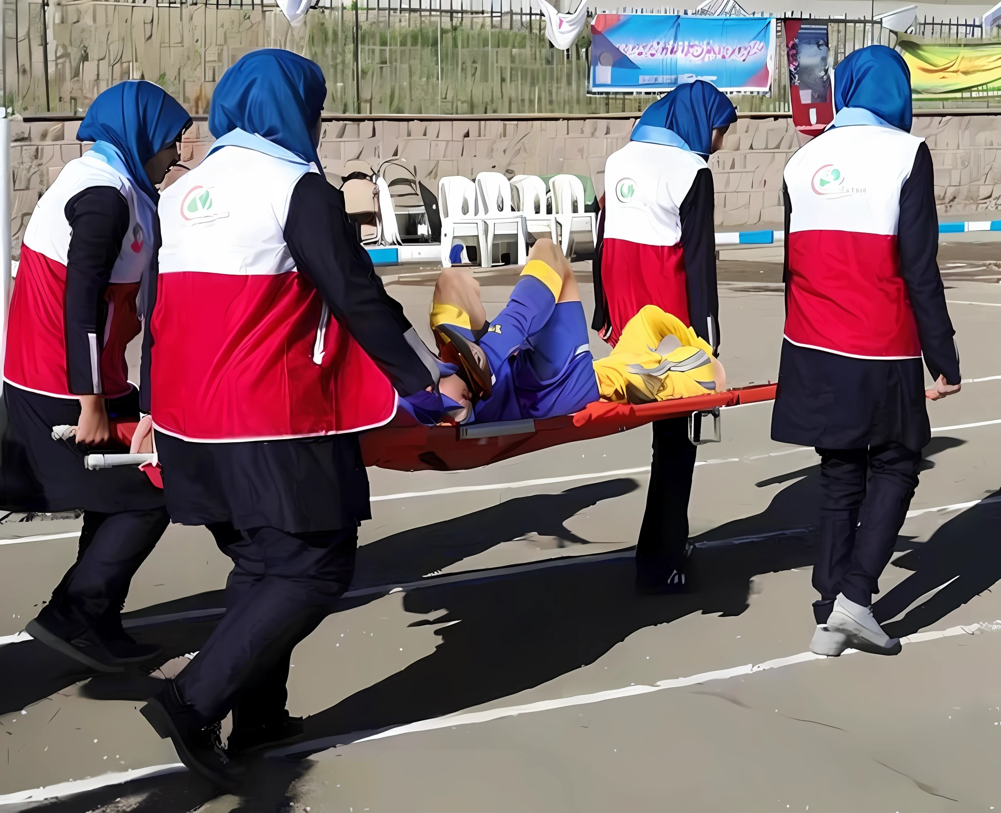 There is a man lying on a stretcher with his arms crossed over his face, a man in a red t-shirt has crossed his arms over his face, the man has an agonised face under his arms, several women walking around a football field with an injured athlete on a stretcher, the injured athlete on the stretcher covers his face with both hands, the women look very worried, behind her is a frightening atmosphere, video still, behind the scenes, Malika Favre, screenshot, footage, 4 0 9 6, cover photo, aesthetic shot, dramatic mood, intense scene, Making of, Mongezi Ncaphayi, Thriller atmosphere, Filming, Edited