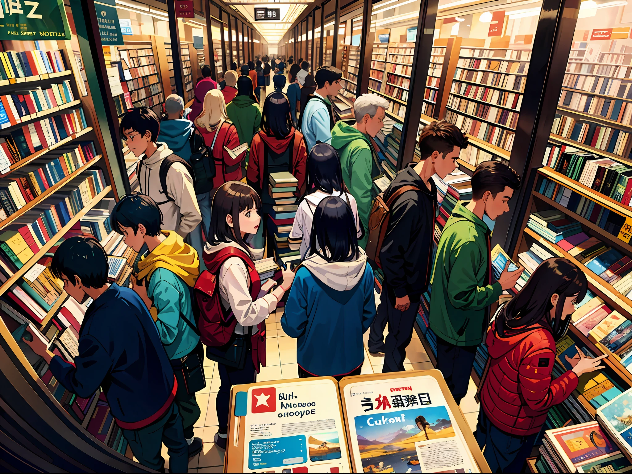 HD clear, best images, illustration quality, super detailed, a group of people crowded inside the bookstore to buy books