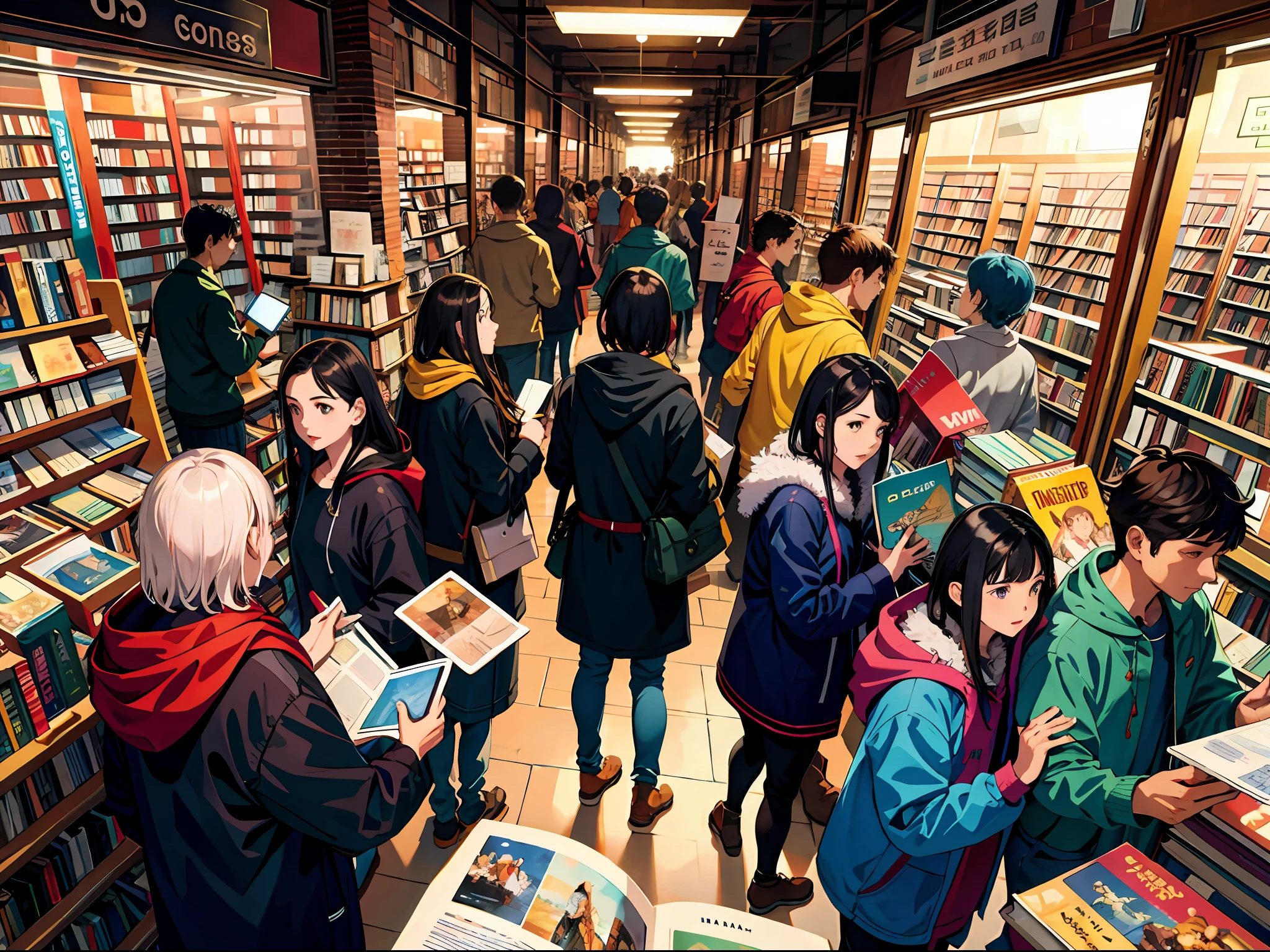 HD clear, best images, illustration quality, super detailed, a group of people crowded inside the bookstore to buy books