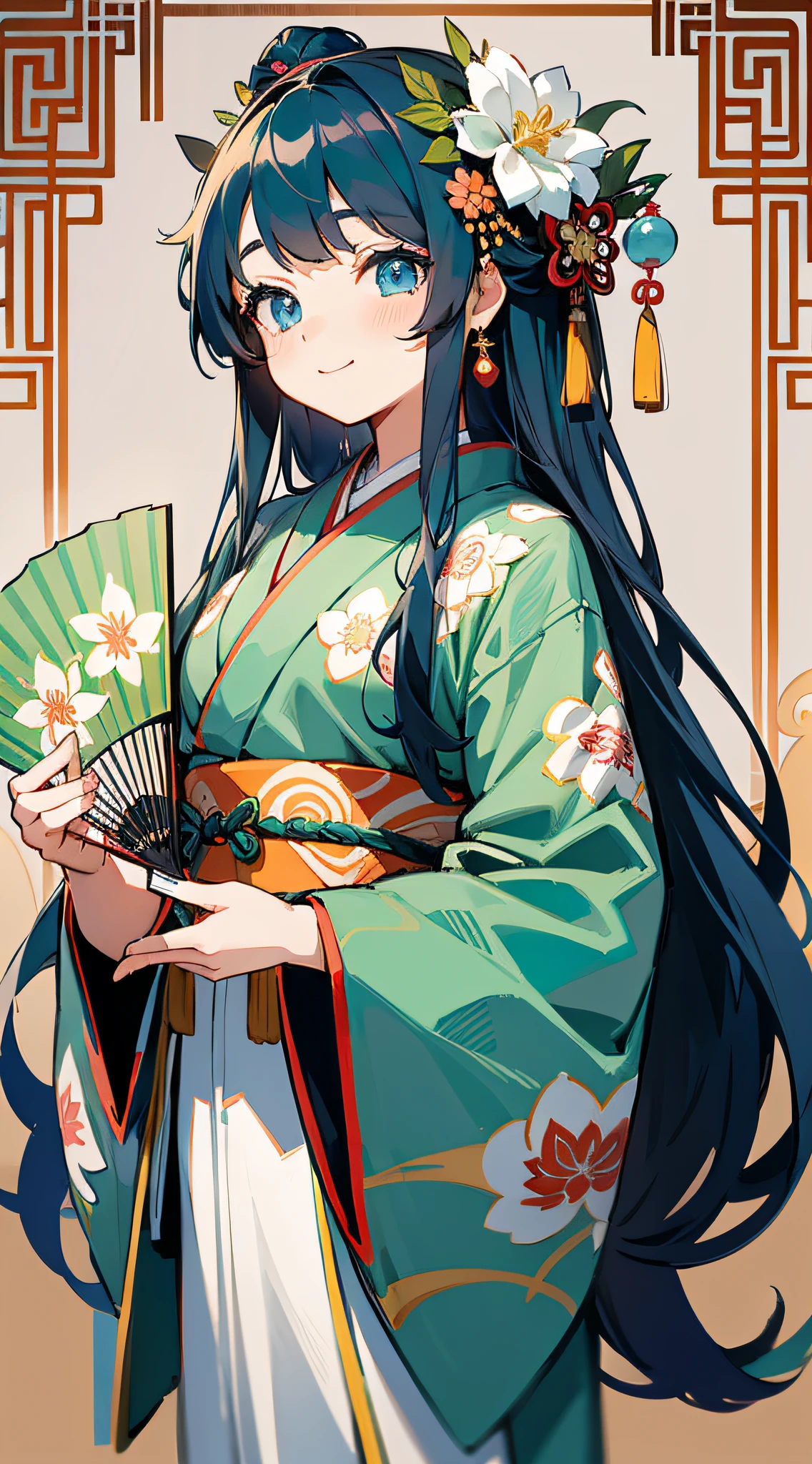 Masterpiece, super-high-resolution, cute girl, half-body, Chinese ancient style, gray long hair, green kimono, flower embellishment, blue eyes, hairpin, cute little , cute cute cute, thick paint, gentle smile, holding a fan