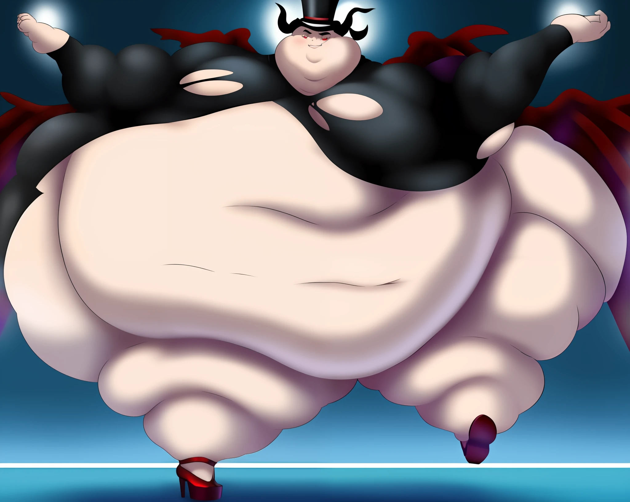 Anime styled picture of a fat young man on background (( stage)) proportionally enormous arms, closeup, hands out performing body pose!, thicc, most strongest pose, enormous hands, fat bacchanalian body, he has a jiggly fat round belly, big arms, obese ), fat!!, pose(arms out the side+ struggling+huff and puffing), expression(Smug), arms extended towards viewer, skin color(Charcoal Black ) ,Black, short hair Red hair Tips!! ,anime,male,Handsome,arms((Black wings Under arms )),Black Horns with red tips+ ,Round fat Face, multiple chins , Fat Cheeks, Clothes(( consists of a red formal suit!! ,black Top hat!!,)) (Sharp,Red Eyes),((Massive Fat Belly)), (Fat thighs, insanely Wide hips ,massive butt)), super Fat ,high_quality, , Massive proportions, ((Clothes Tearing )), Legs spread out, black feathers around Skin, (High resolution), (High aesthetic)