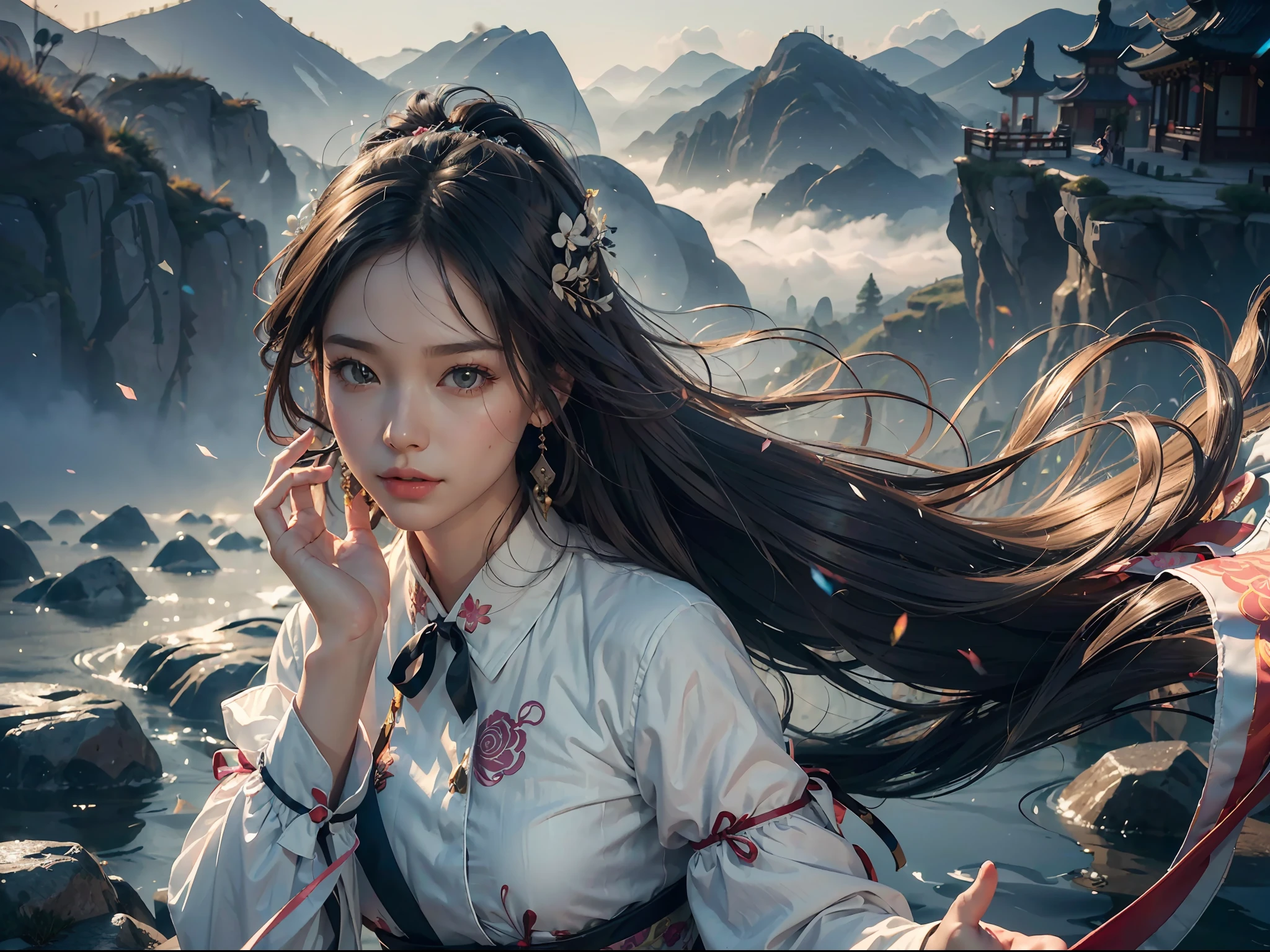 (8k, RAW photo, best quality, masterpiece:1.2), (realistic, photo photofidelity:1.4), (very detailed CG Unity 8k wallpaper), a girl, beautiful face, long hair, gradient hair, very detailed, real skin, mature female, (milf: 1.5), (solo), (long floating hair), jewelry in hair, very detailed, (dancing: 1.4), (floating ribbon: 1.6), wind, (style swirl magic: 1.1), (Rainbow Candy:0.85), Chinese Landscape, Dreamy, Spectacular, (Fog: 1.4), solo, Buddhist totem background, mural, Meixuan map, beautiful face, clear facial features, very detailed, high detail